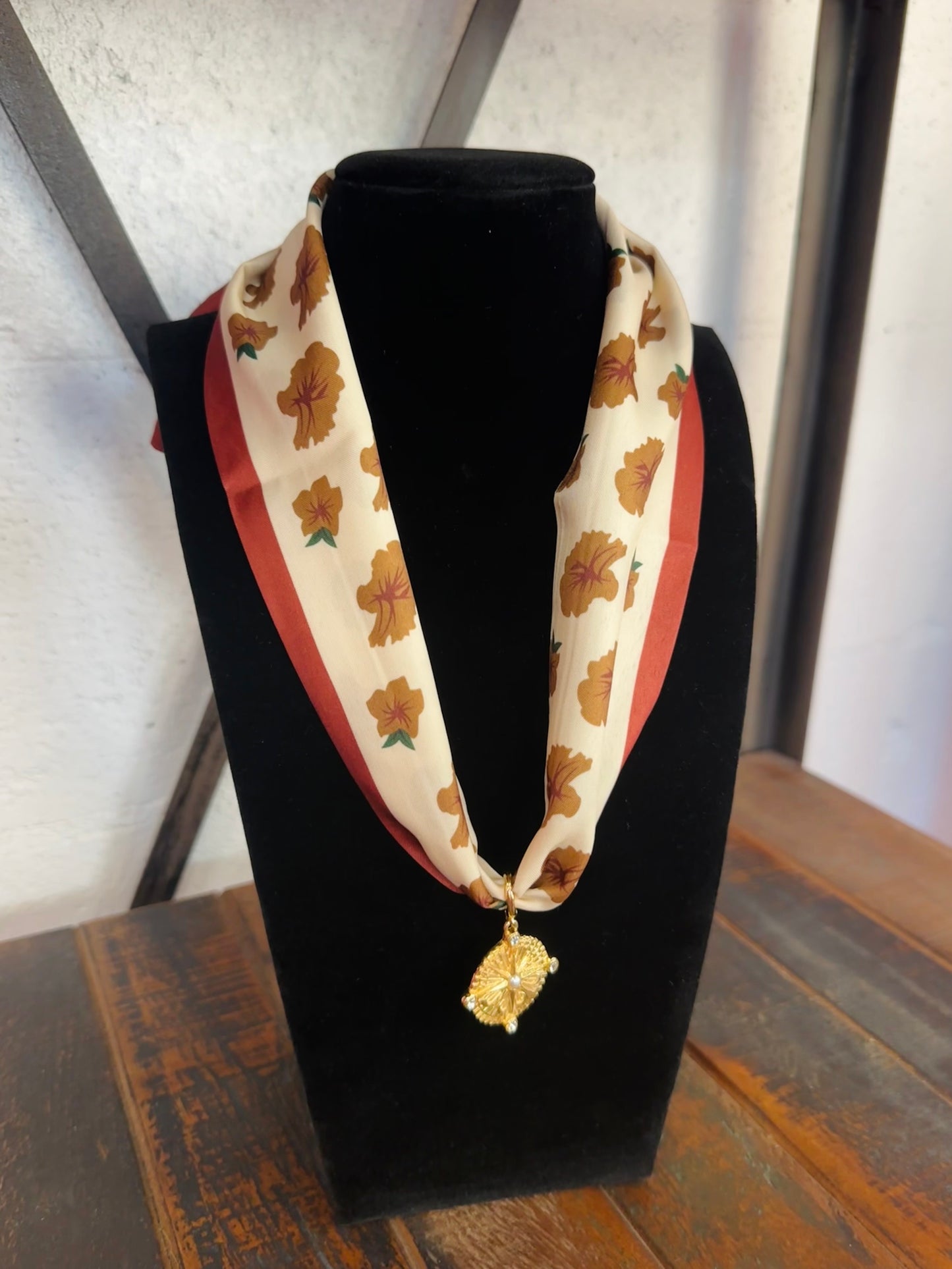 Brown Floral Silk Scarf + Gold Pendant Necklace