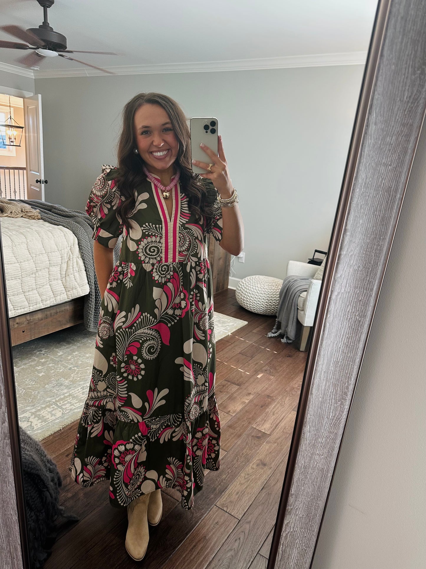 The Anne Olive Green + Pink Midi Dress