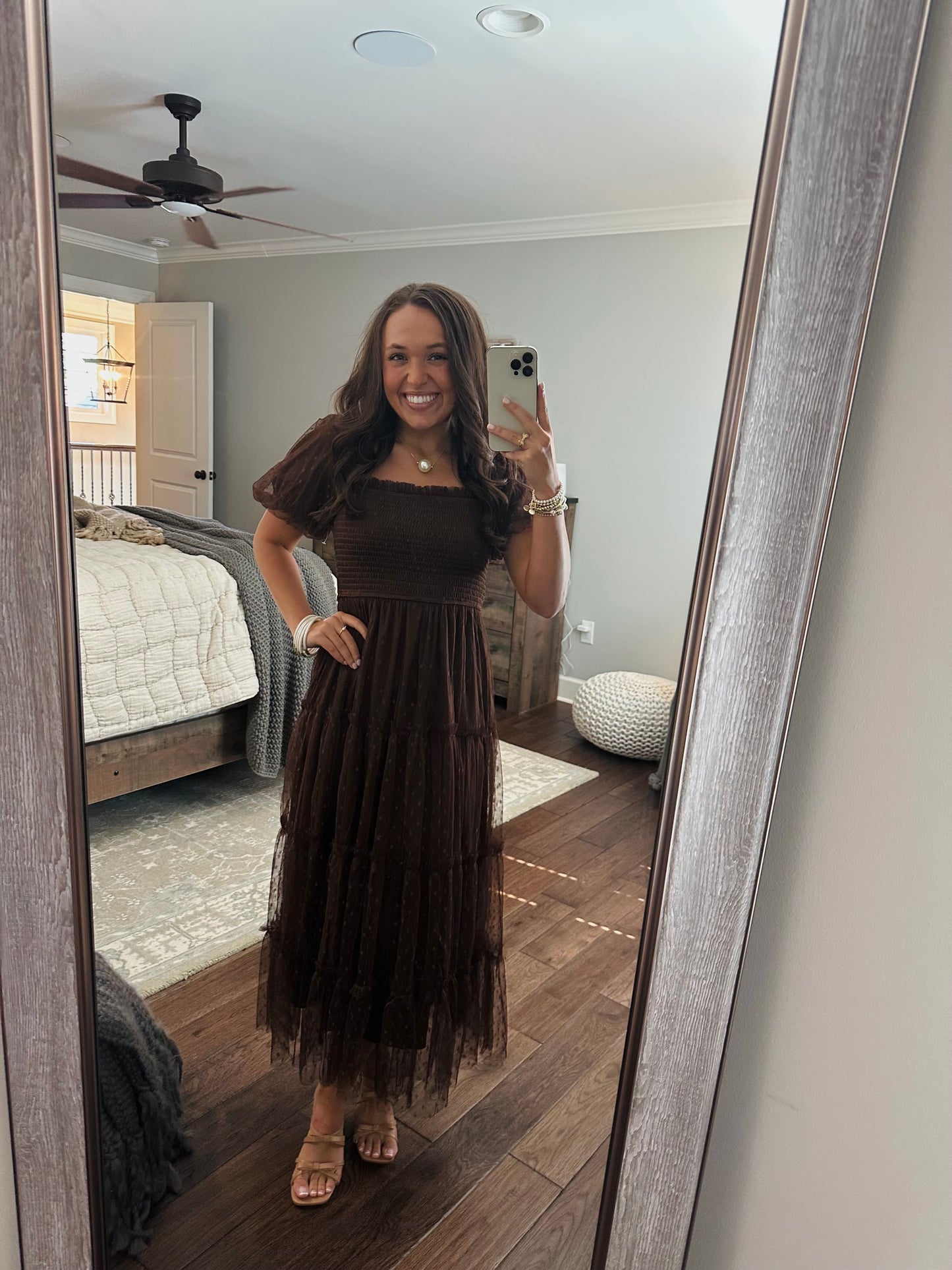 The Autumn Brown Polka Dot Chiffon Puff Sleeve Midi Dress