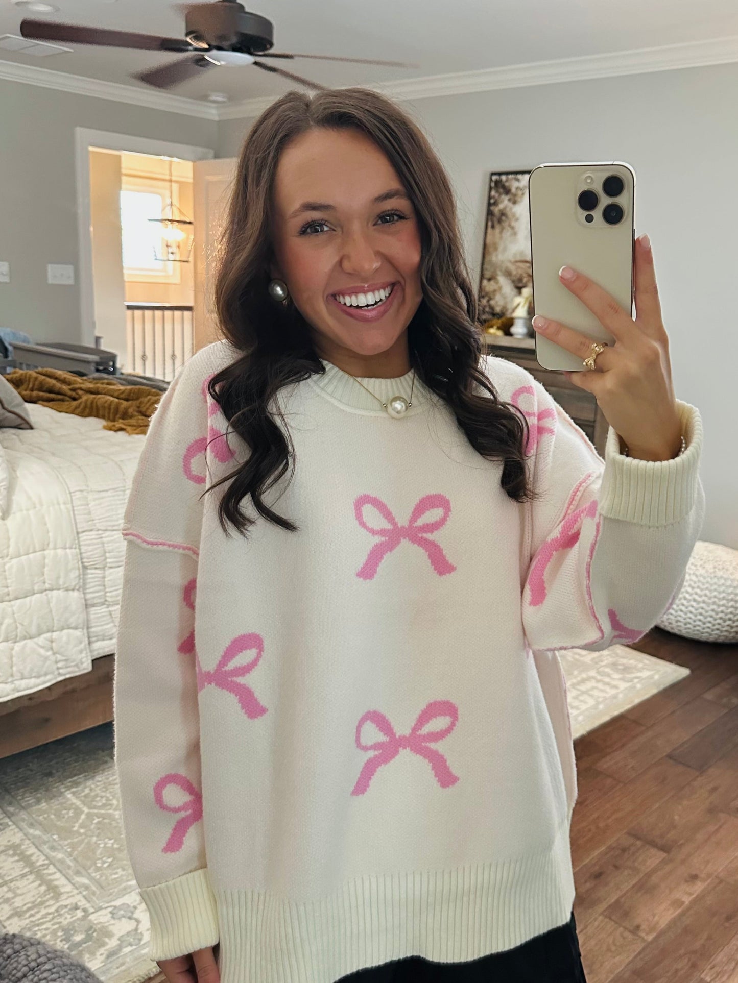 The Grace Pink + Cream Bow Sweater