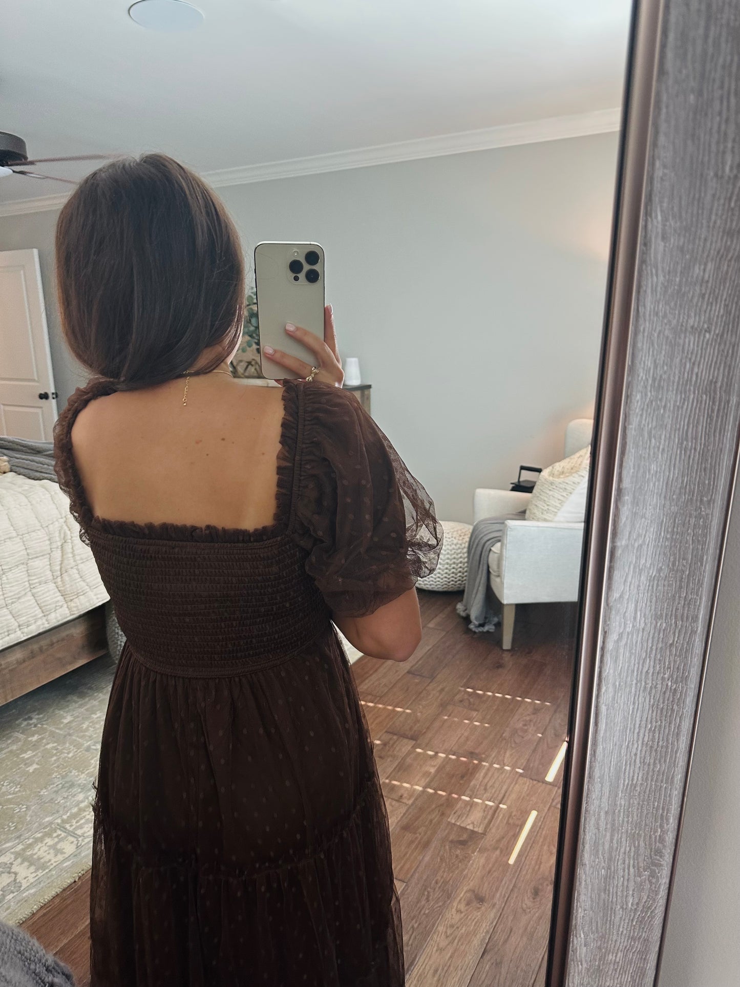 The Autumn Brown Polka Dot Chiffon Puff Sleeve Midi Dress