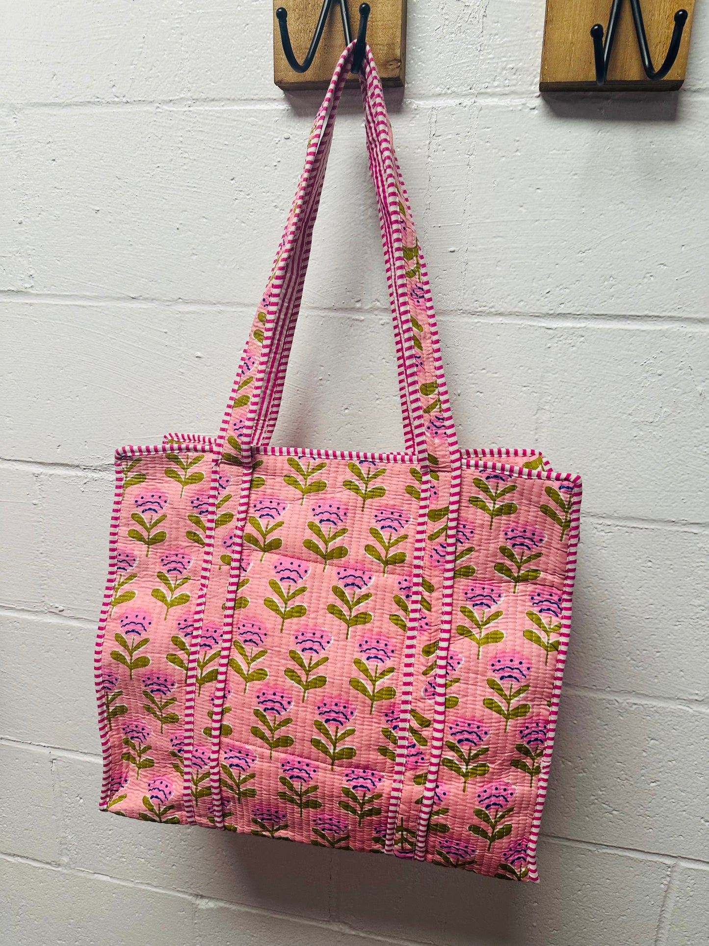 The Pink + Green Floral Quilted Tote Bag
