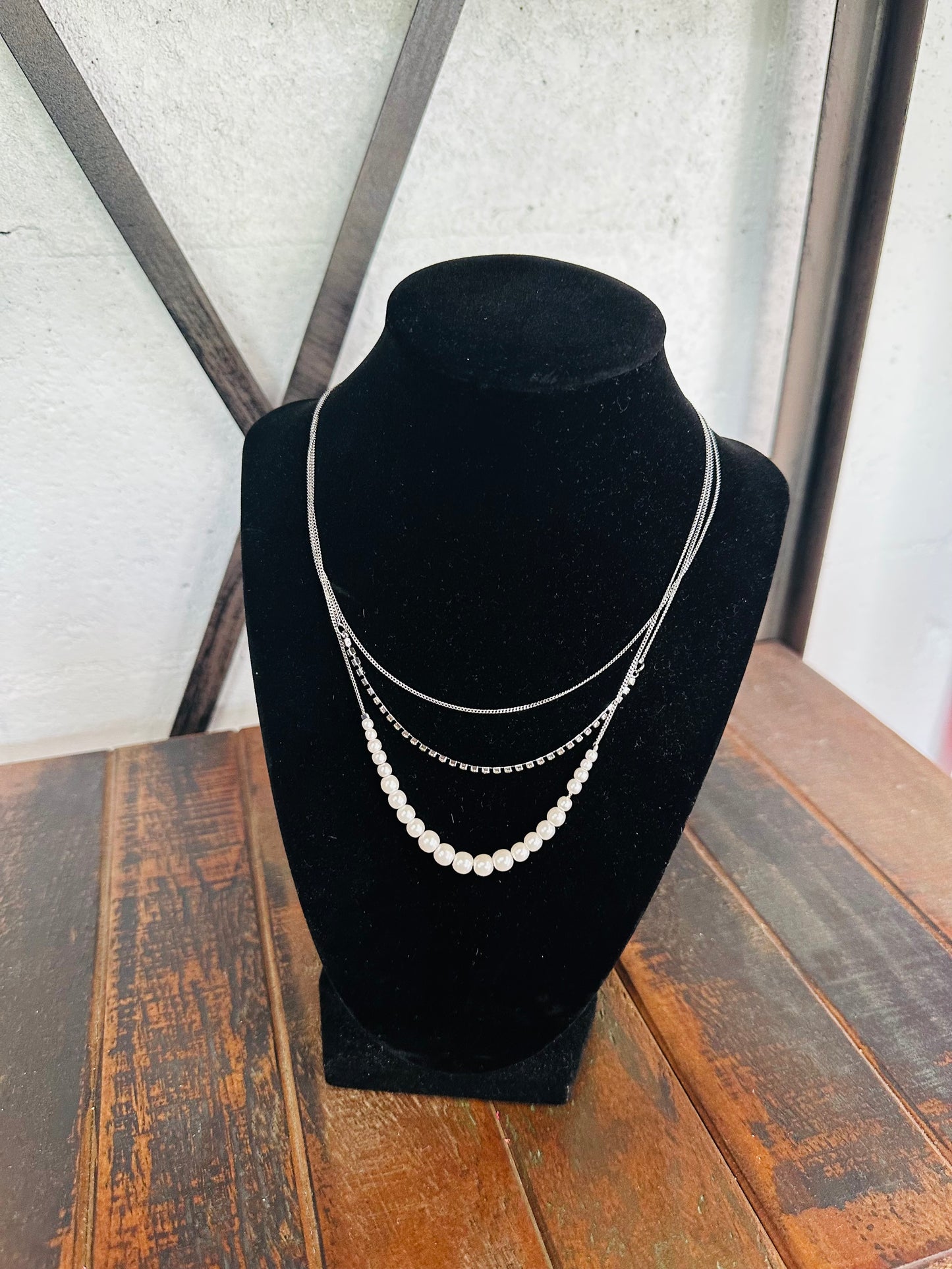 Silver Layered Pearl & Rhinestone Necklace
