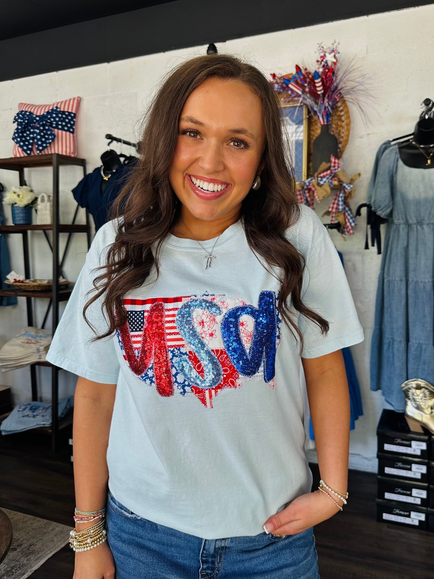 The Patchwork USA Sequin Embroidered Tee