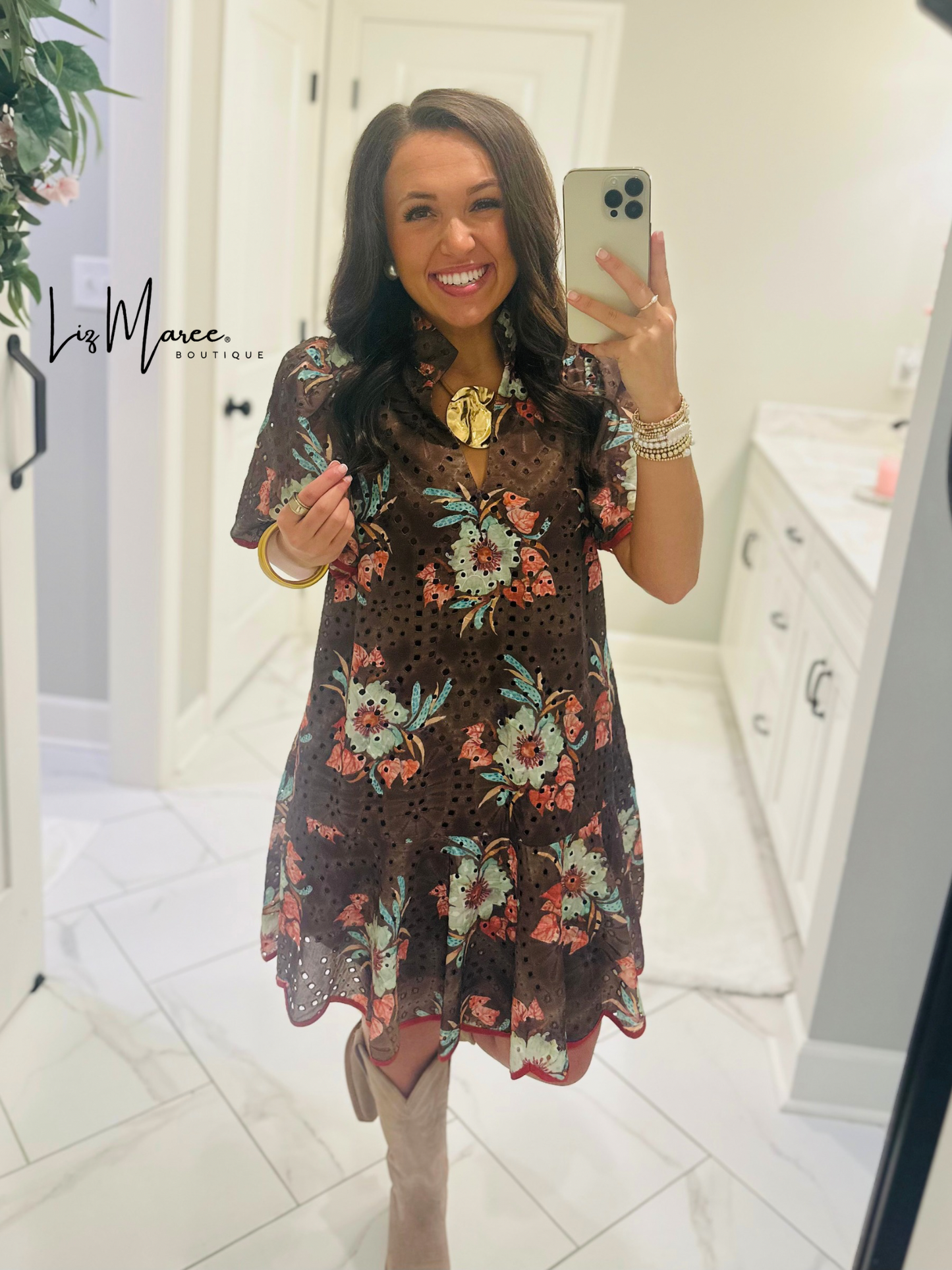 The Brinley Brown Floral Eyelet Scallop Dress