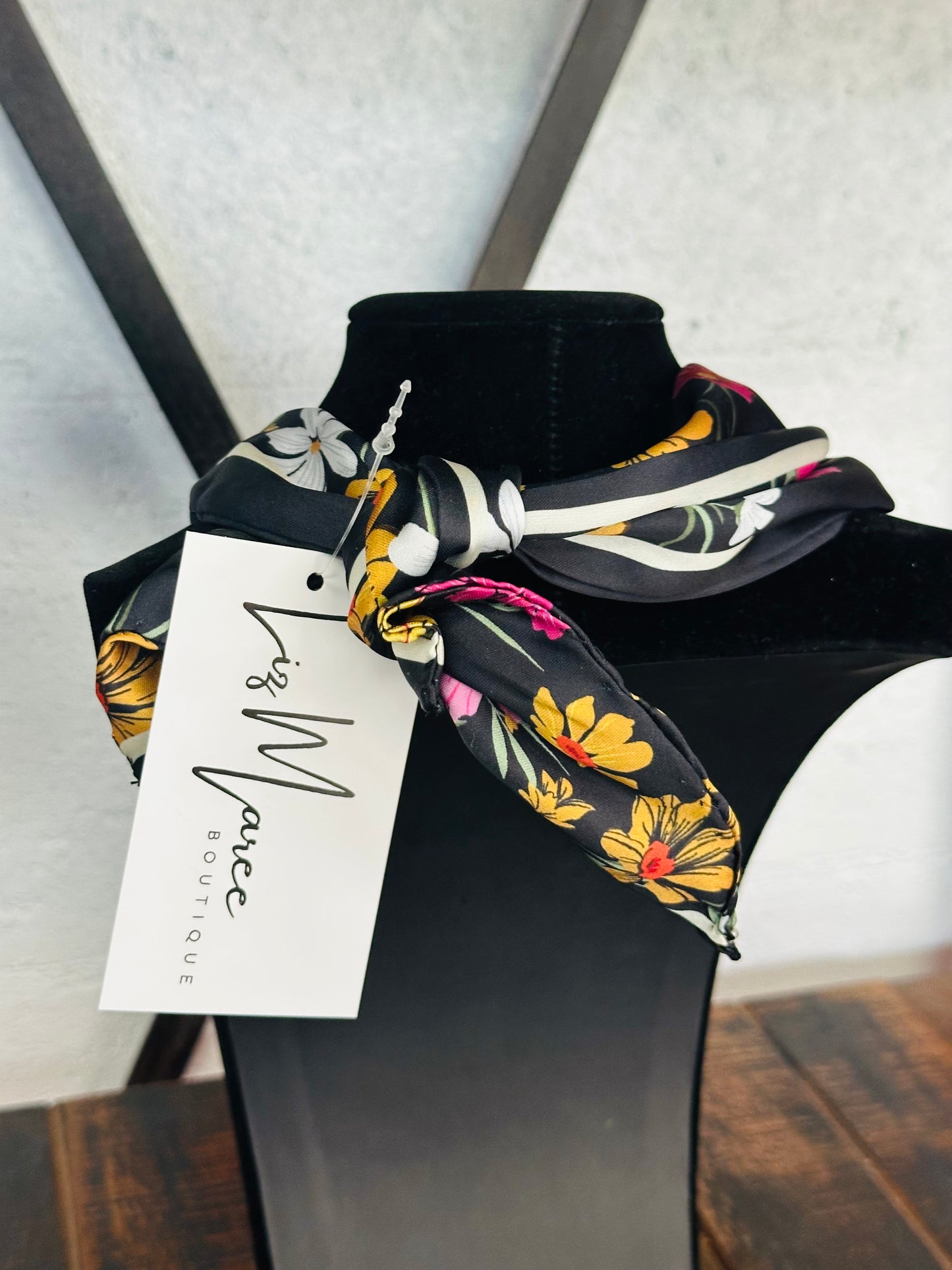 Black Floral Silk Scarf Necklace
