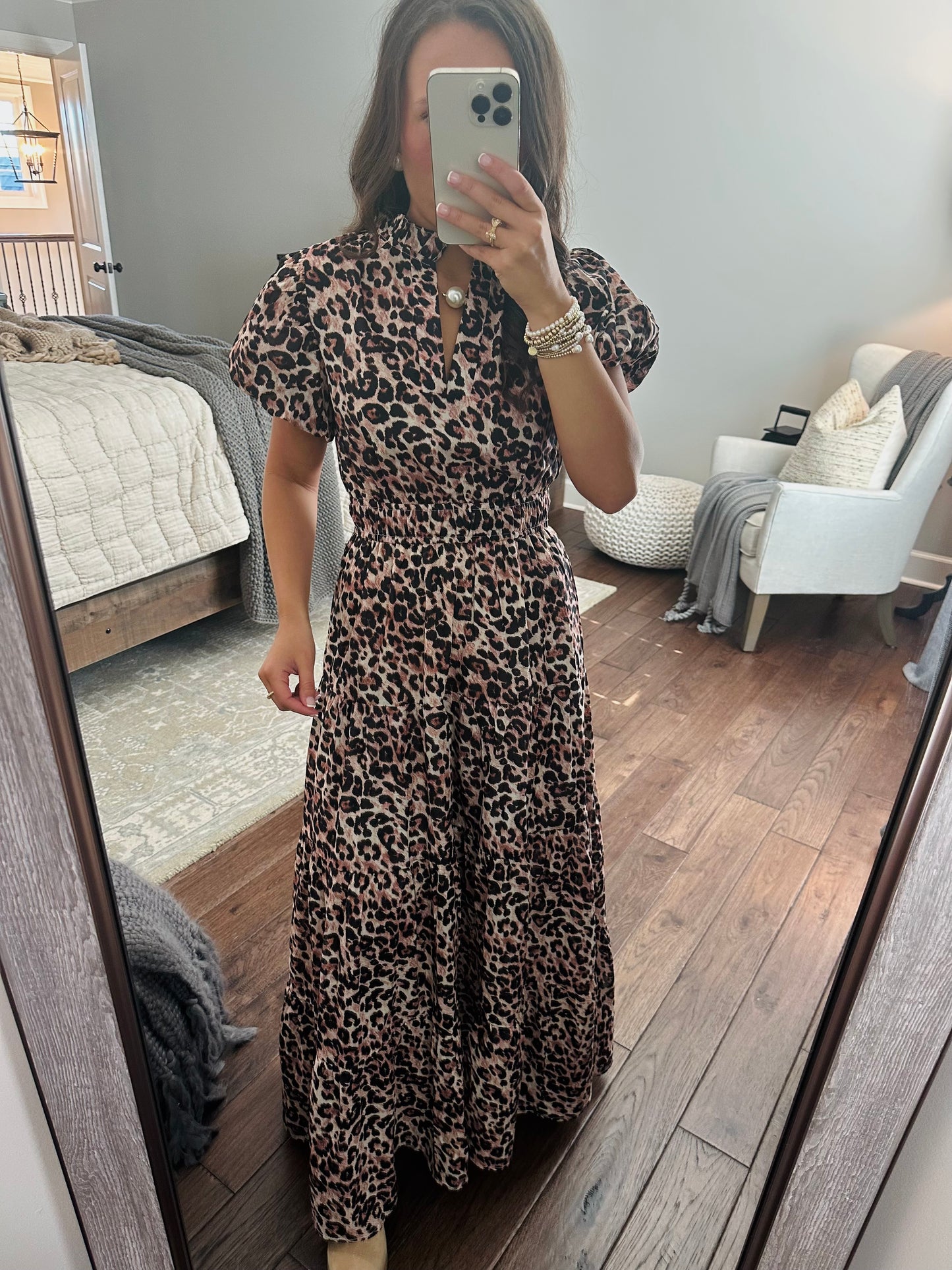 The Elizabeth Leopard Print Puff Sleeve Midi Dress