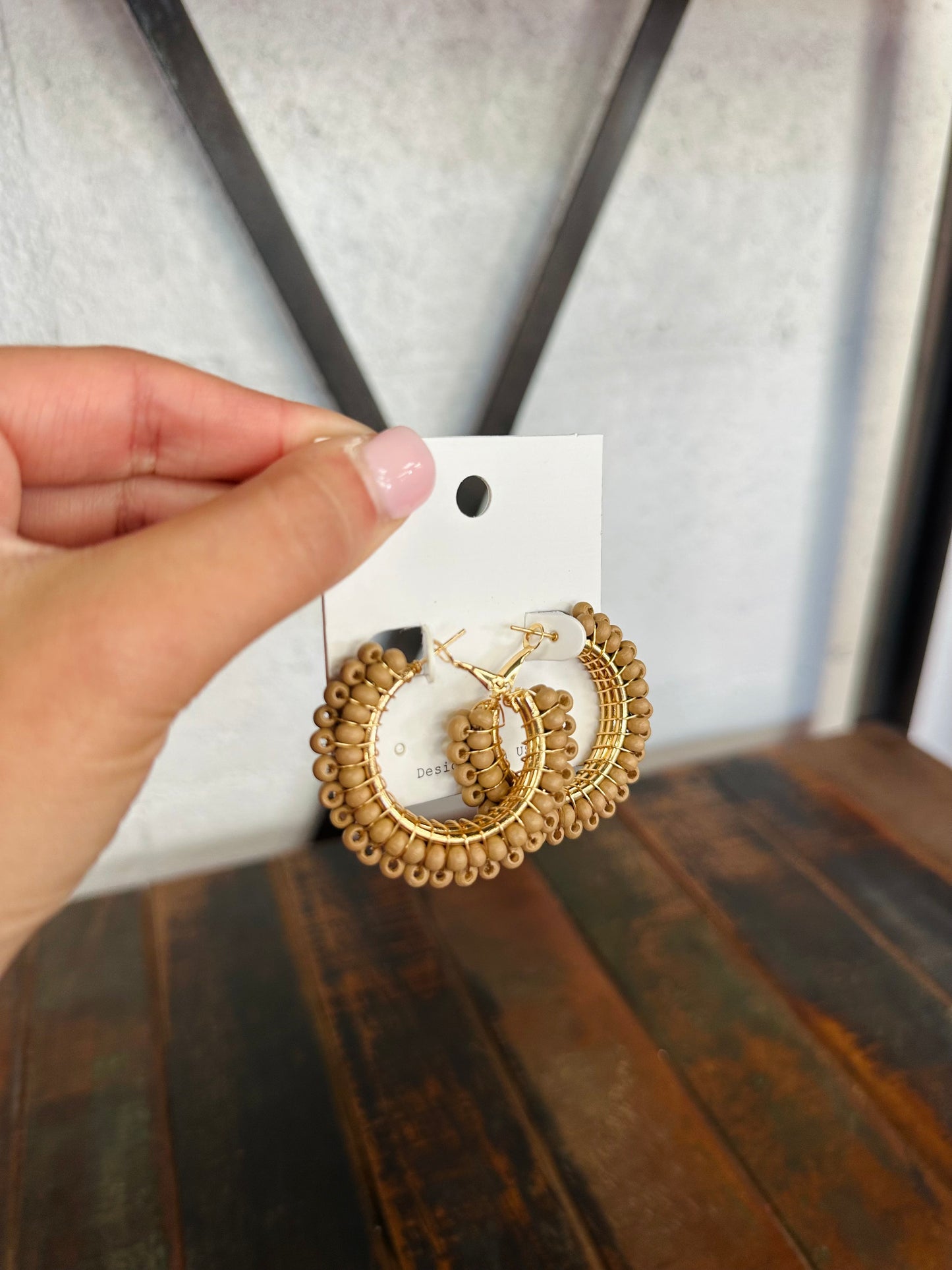 Light Brown Woven Wood Bead Hoops