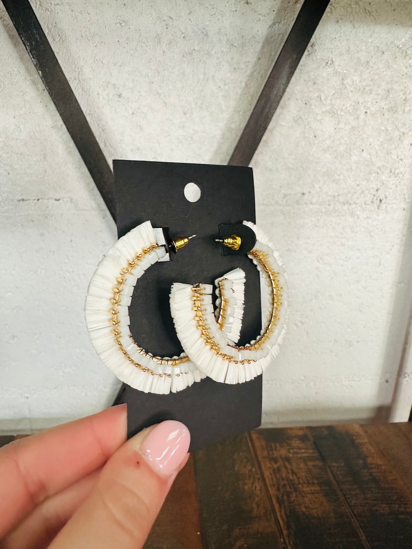 White Beaded Raffia Hoop Earrings