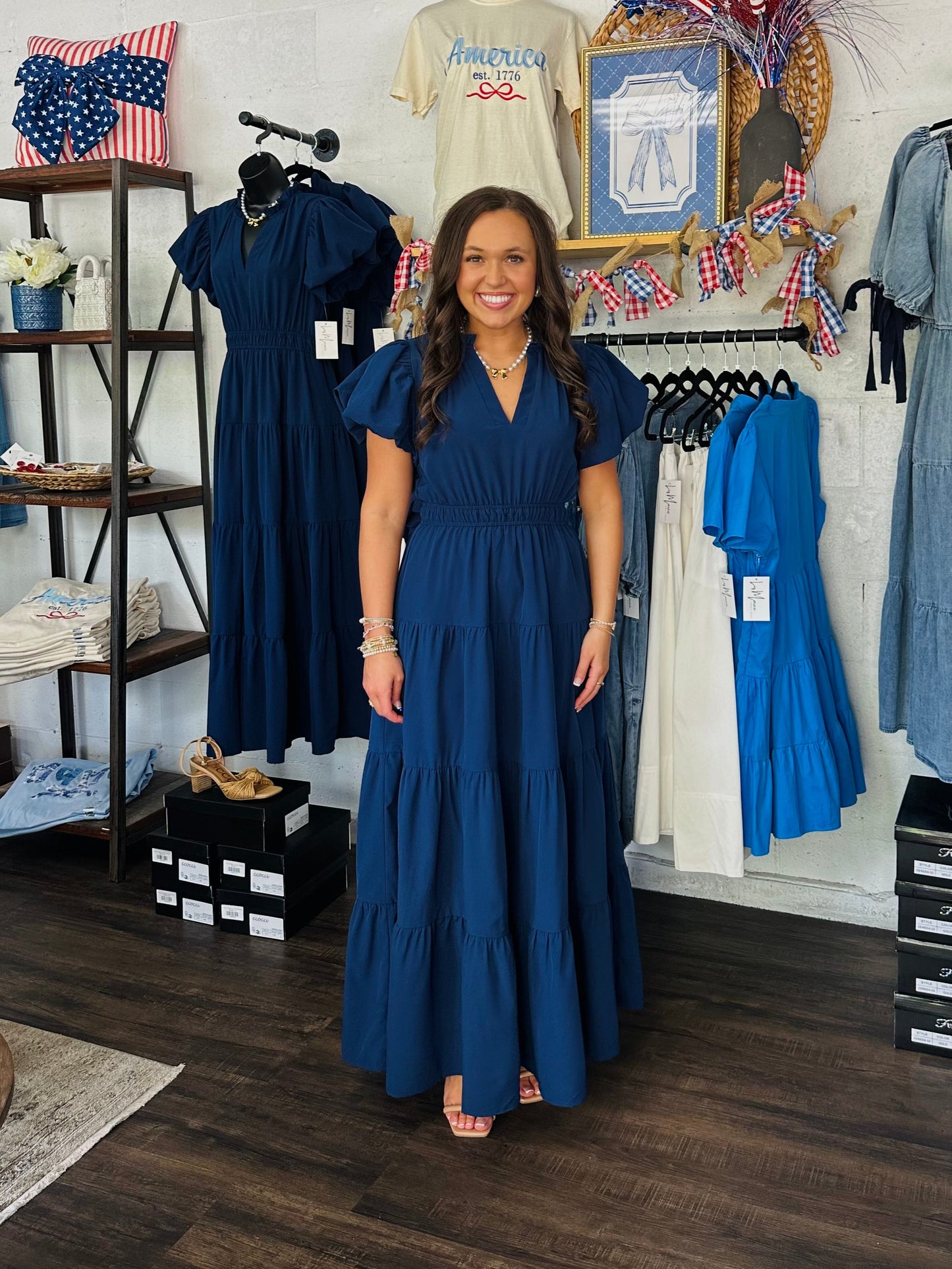 The Elizabeth Navy Puff Sleeve Midi Dress