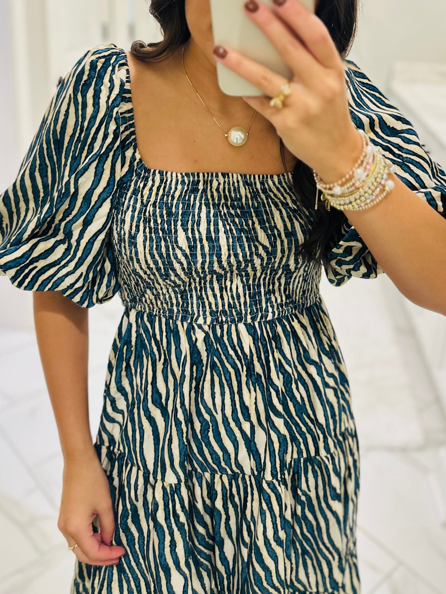 The Gracie Teal Smocked Midi Dress