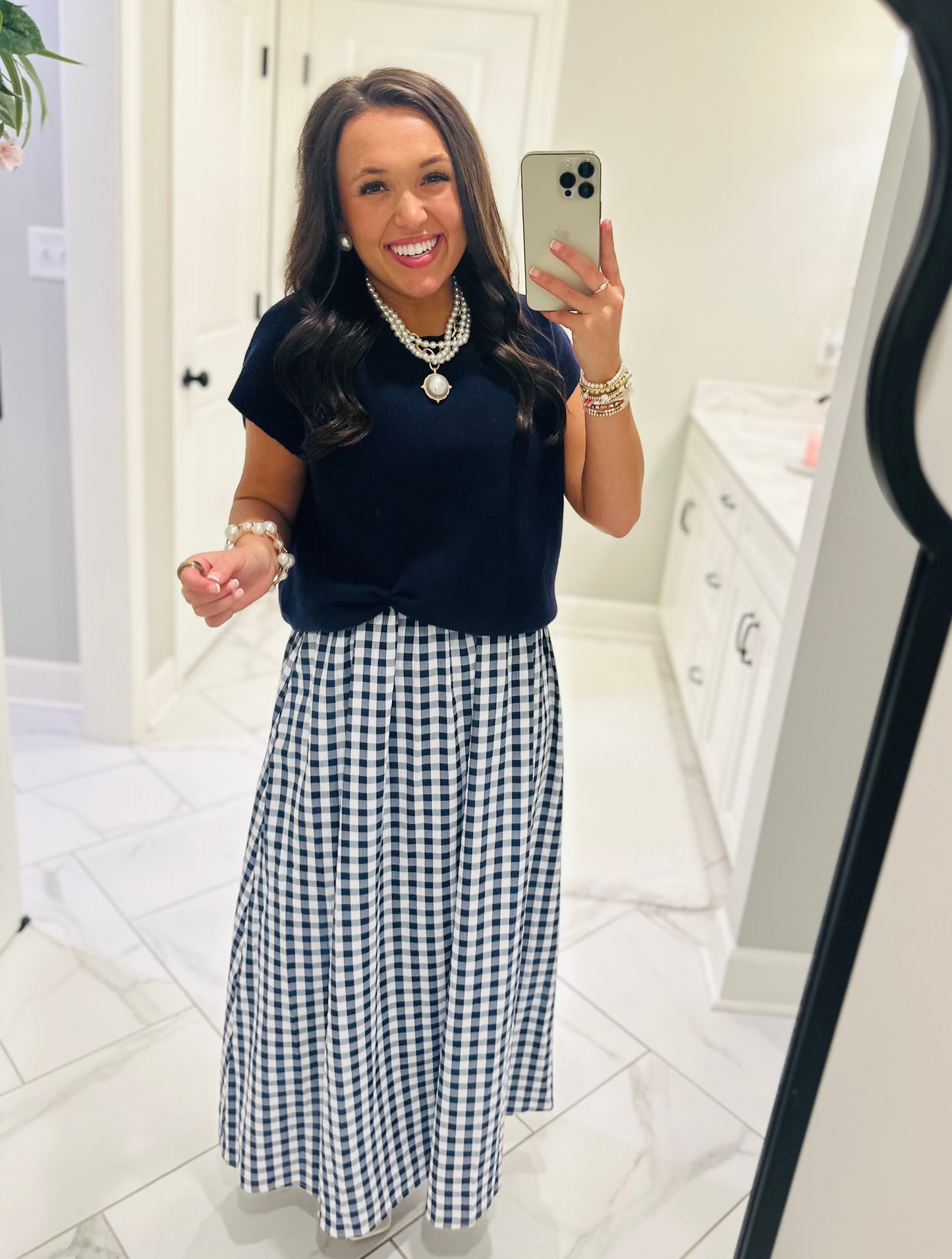 The Chloe Navy Layered Gingham Midi Dress