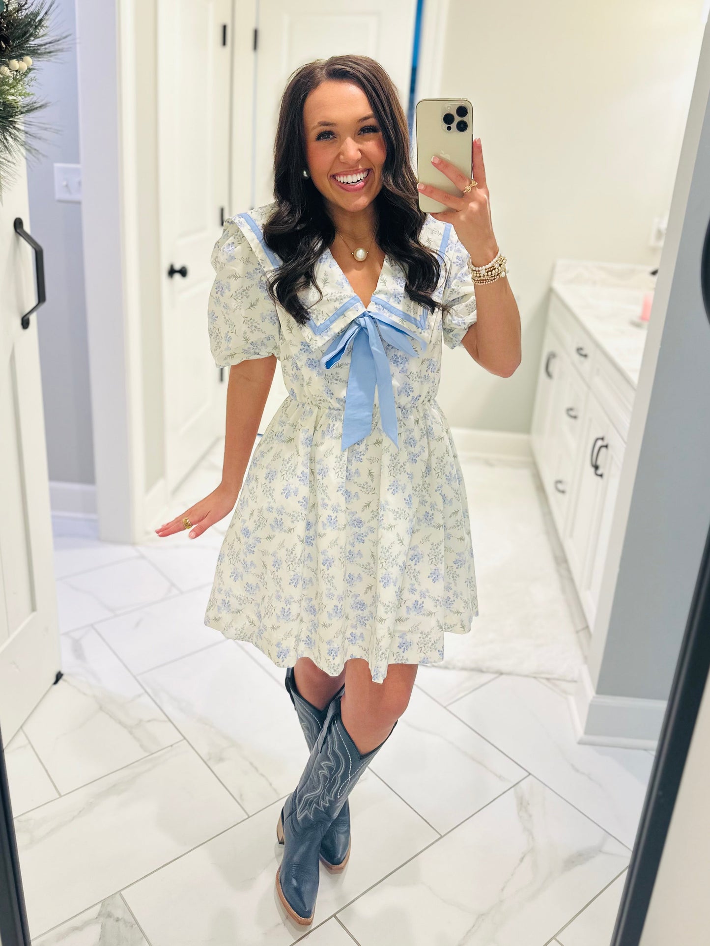 The Charlotte Cream + Blue Printed Poplin Dress