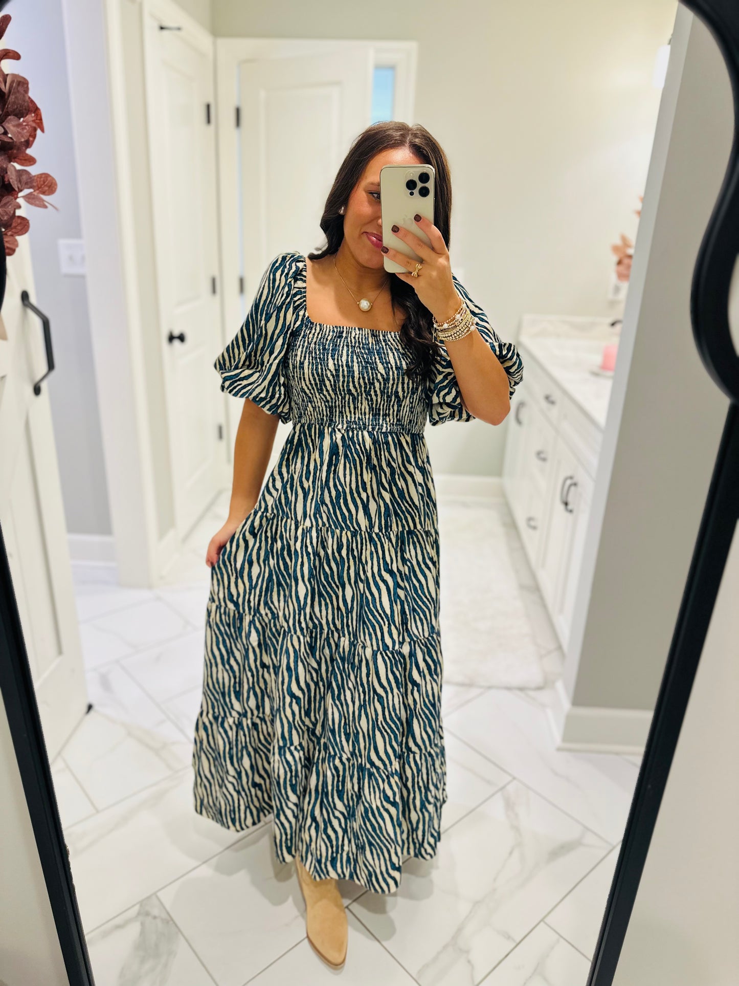 The Gracie Teal Smocked Midi Dress