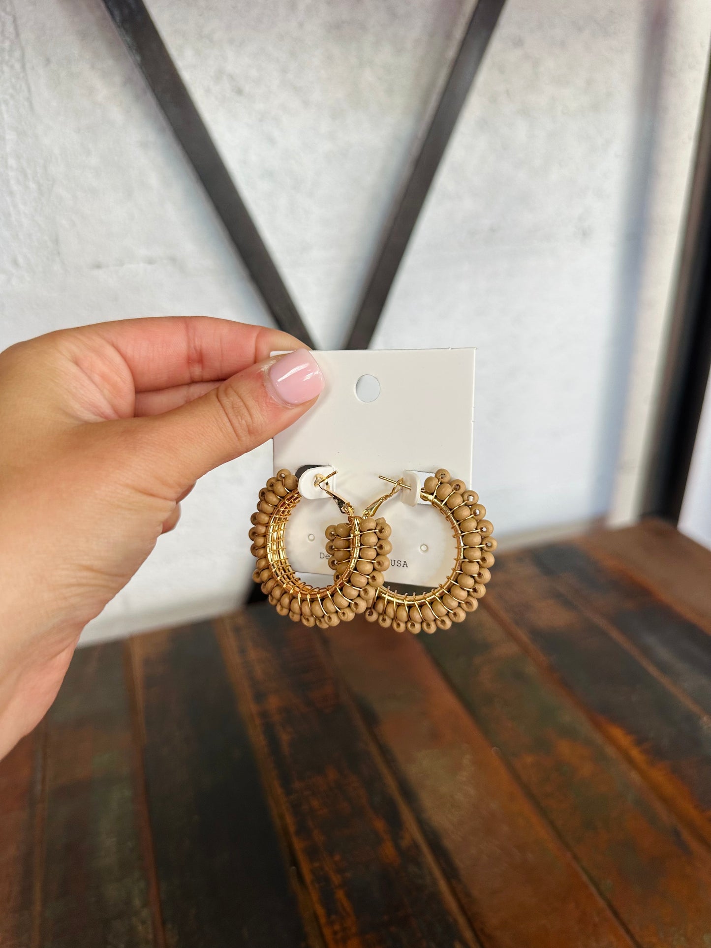 Light Brown Woven Wood Bead Hoops
