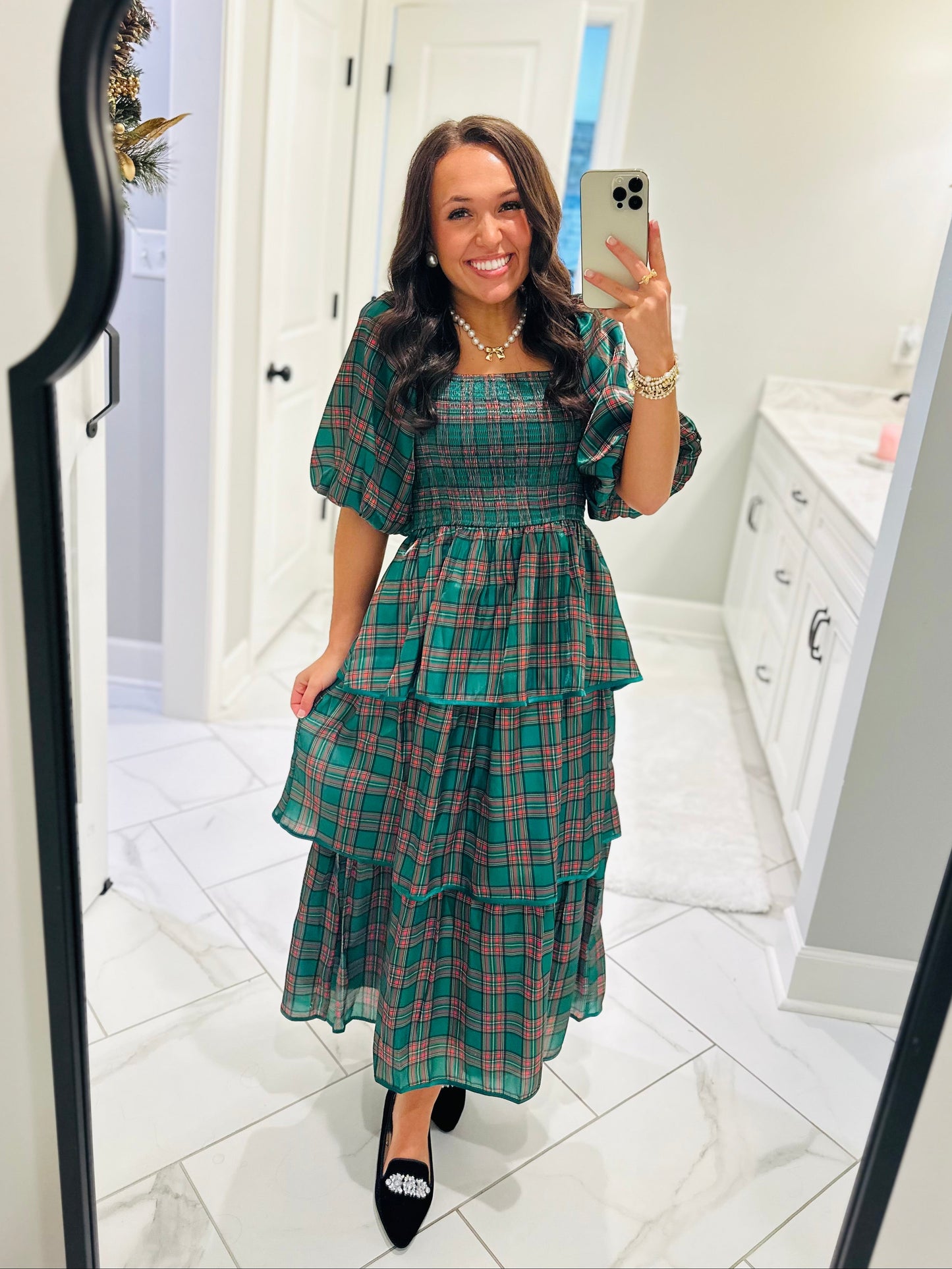 The Holly Green Christmas Plaid Tiered Midi Dress