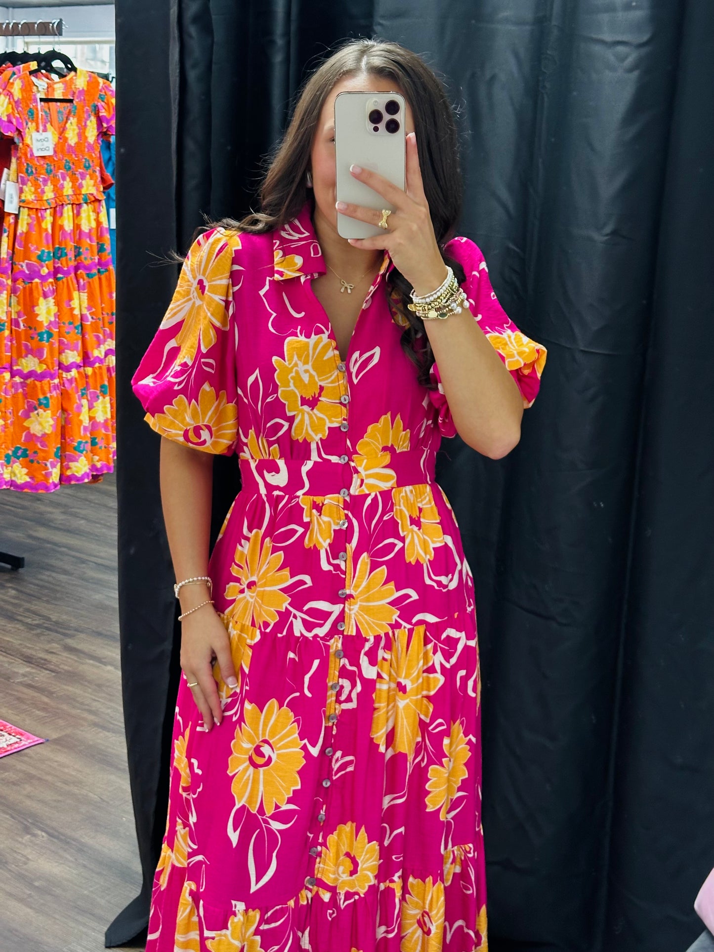 The Annamae Hot Pink Floral Midi Dress