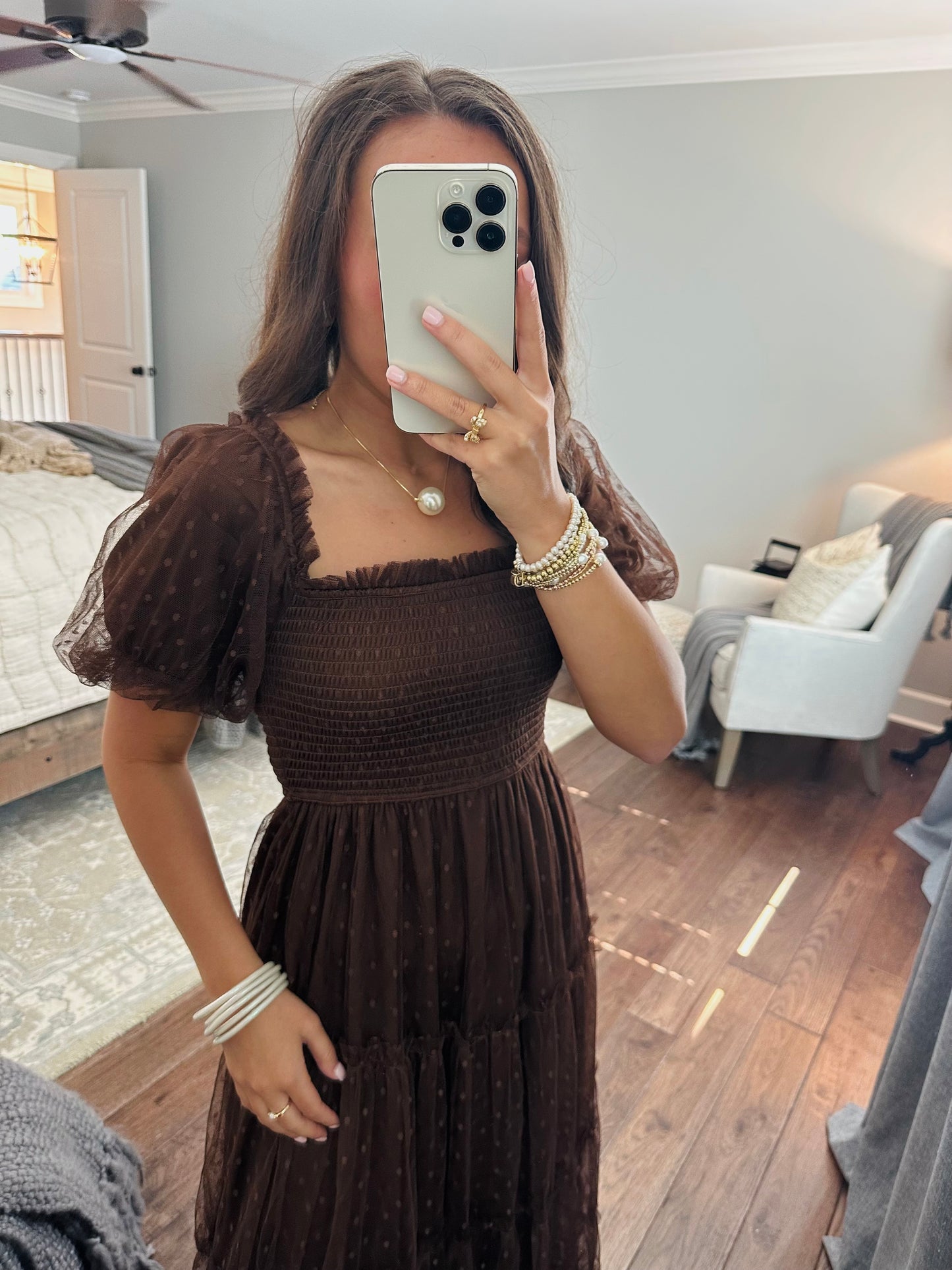 The Autumn Brown Polka Dot Chiffon Puff Sleeve Midi Dress