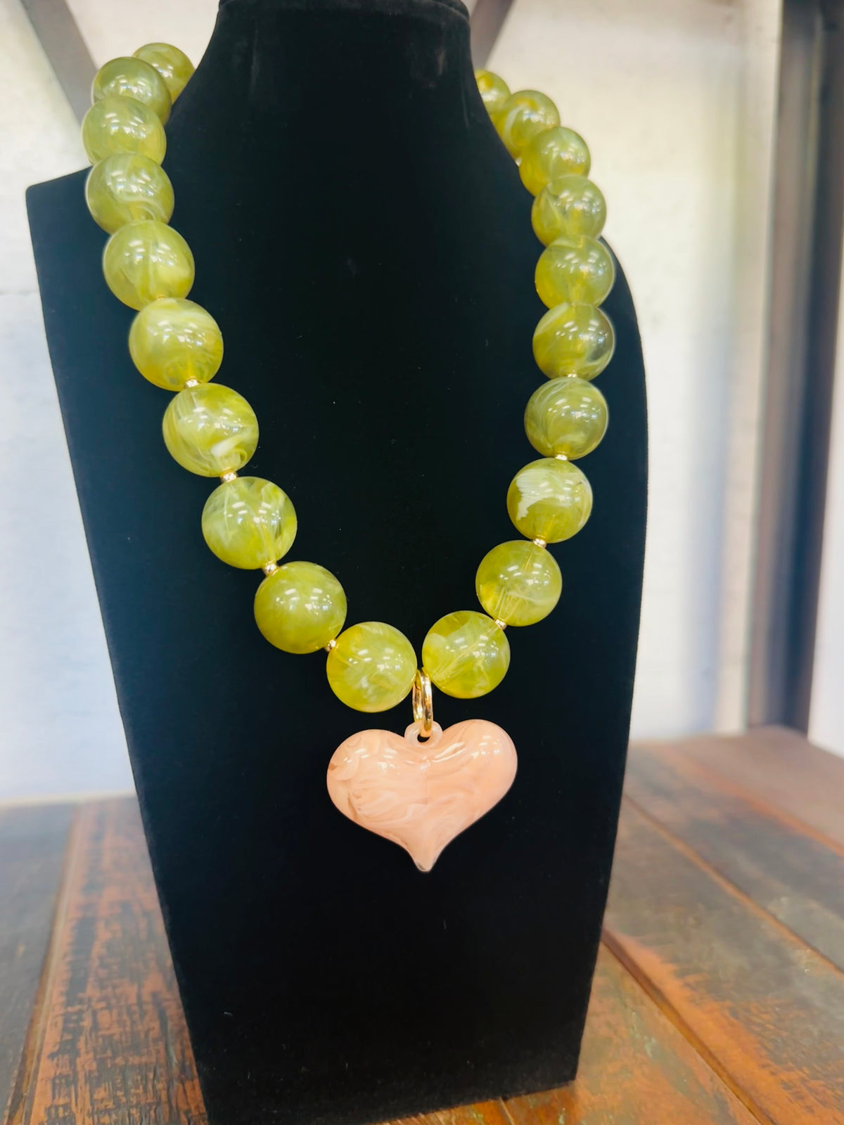 Olive Green + Pink Puffy Heart Marble Necklace