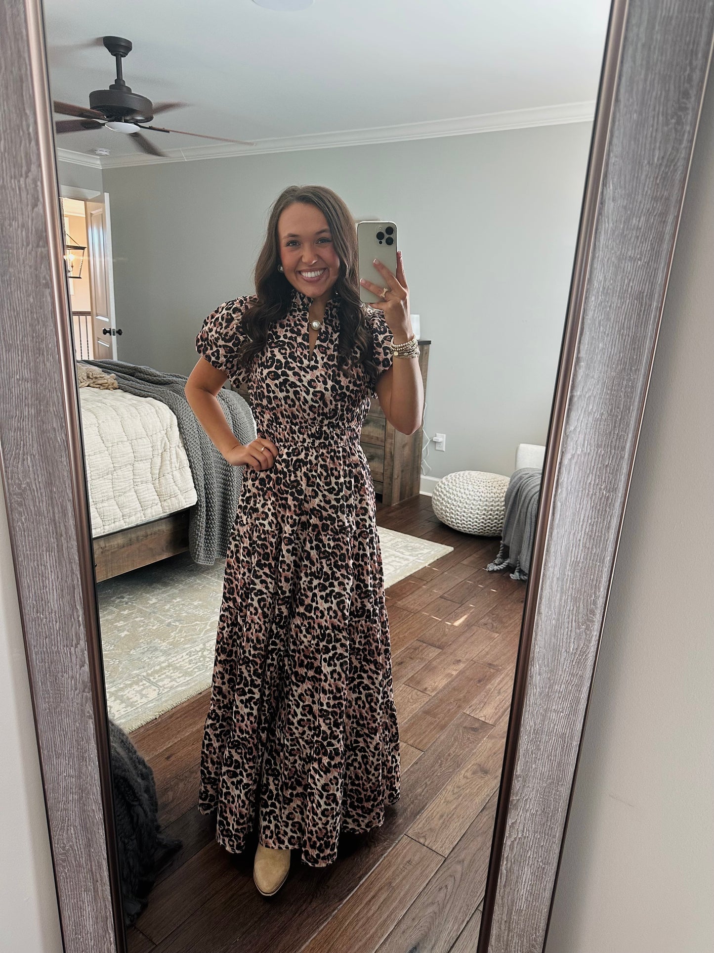 The Elizabeth Leopard Print Puff Sleeve Midi Dress