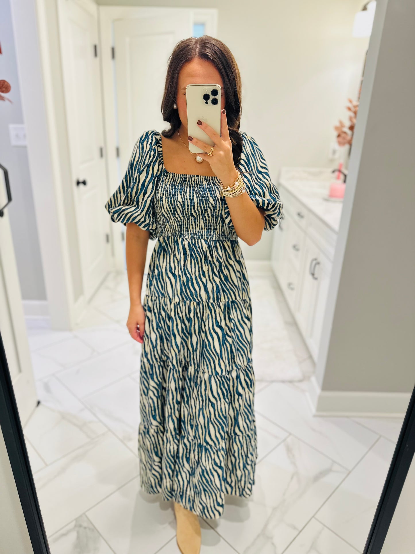 The Gracie Teal Smocked Midi Dress