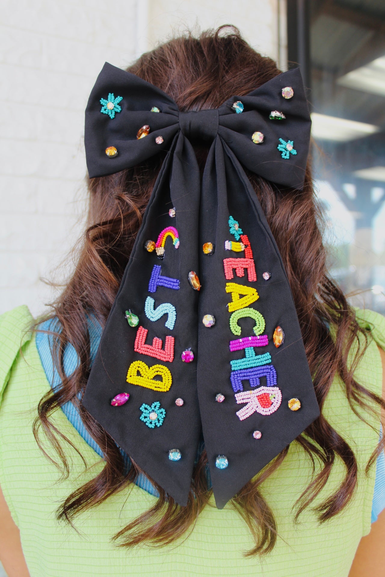 Black Best Teacher Embroidered Bow