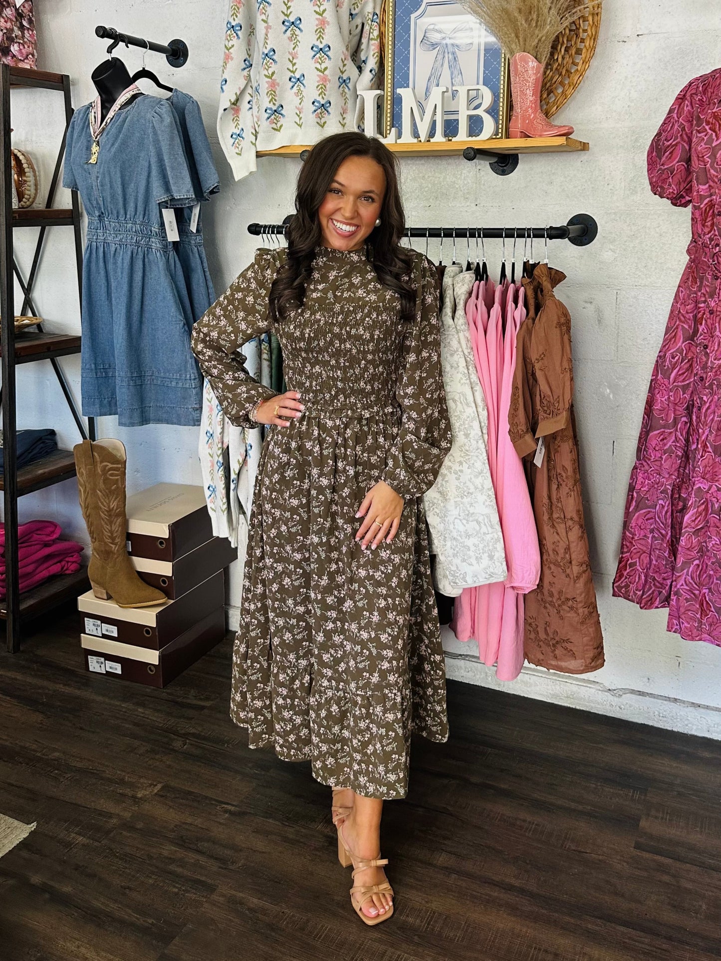 The Ainsley Olive Floral Midi Dress