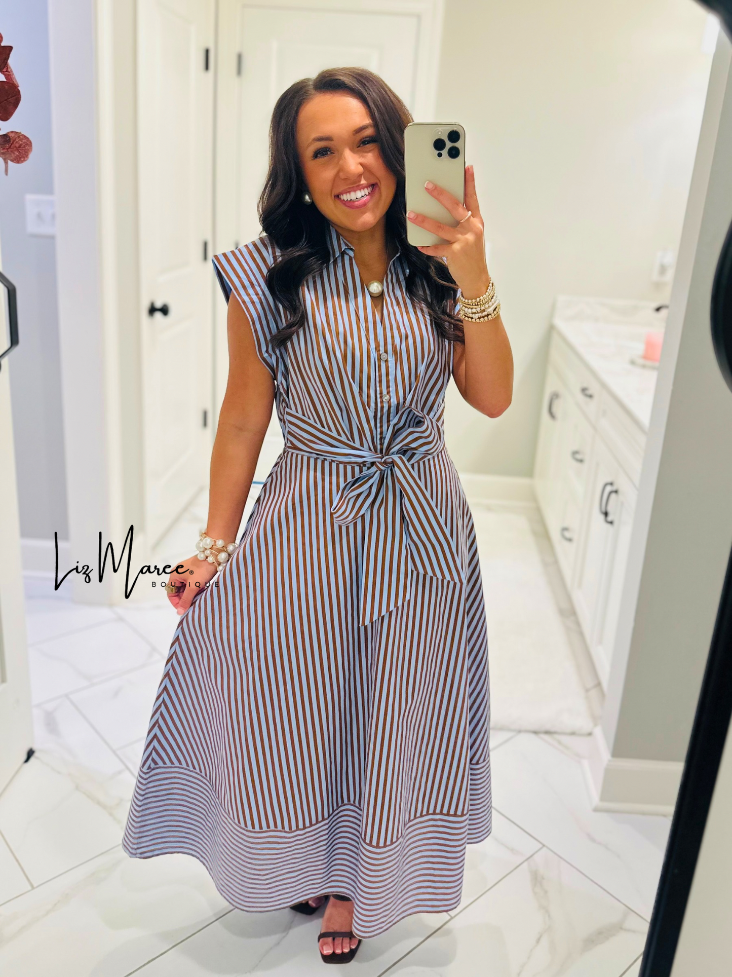 The Charity Blue + Brown Striped Midi Dress