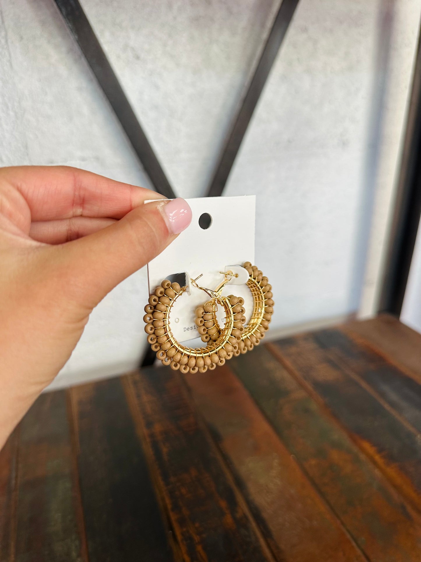 Light Brown Woven Wood Bead Hoops