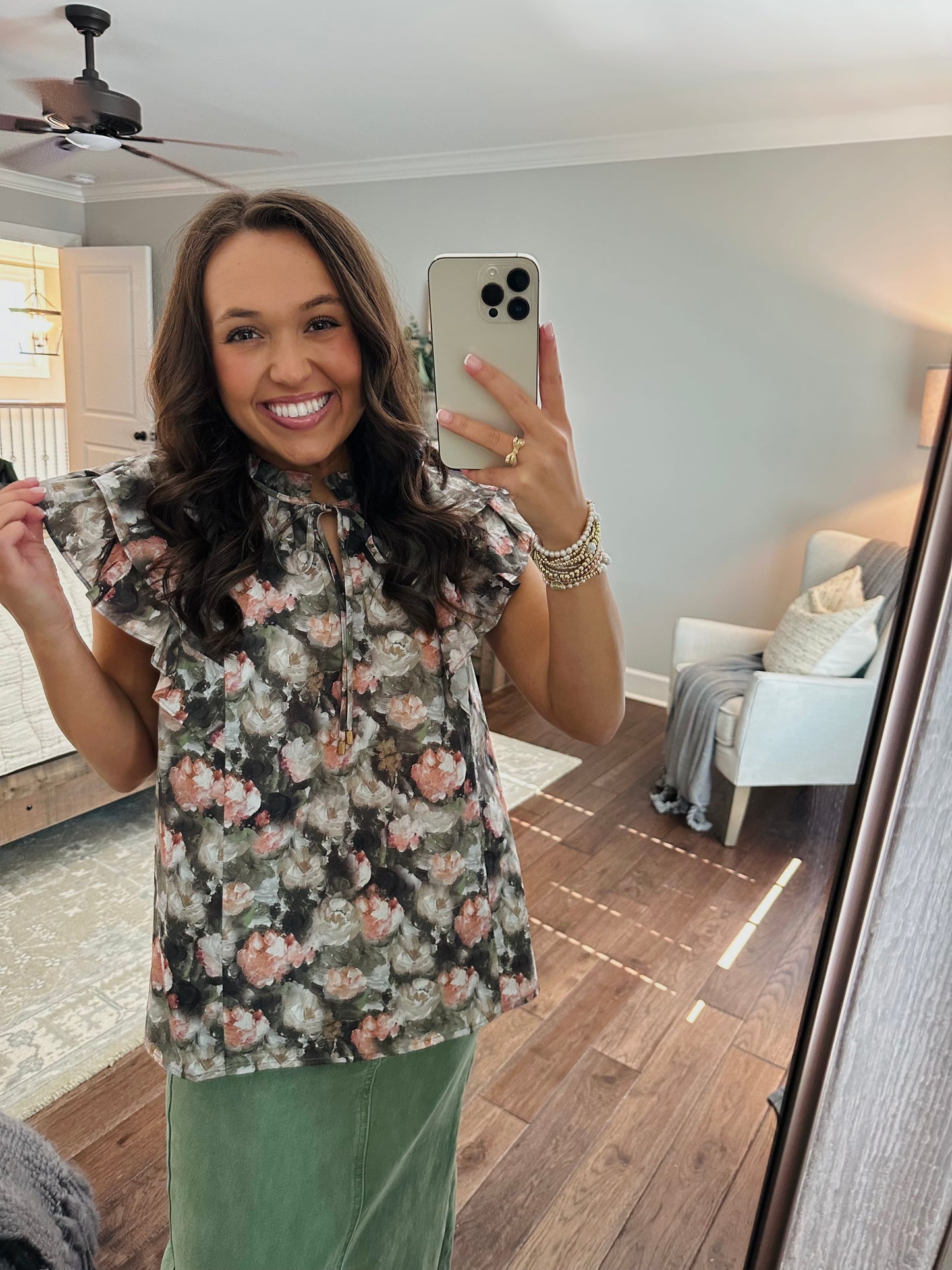 The Drew Olive Green Floral Top