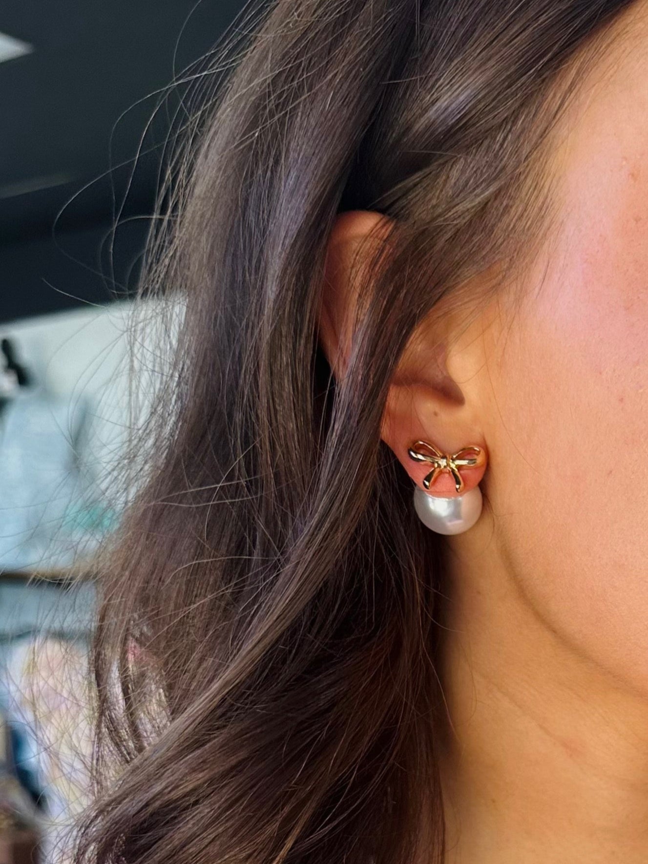 Gold Bow & Pearl Stud Post Earring