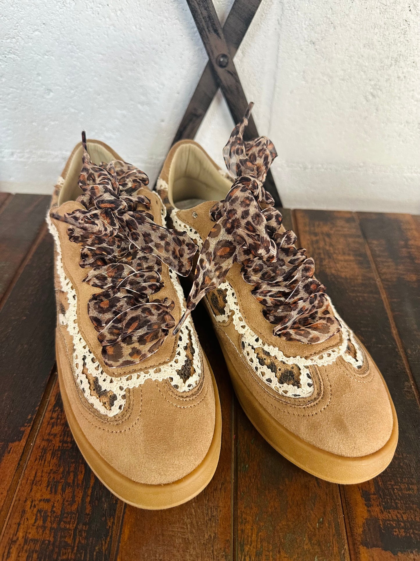 The Eleanor Camel Leopard Lace Trim Sneaker
