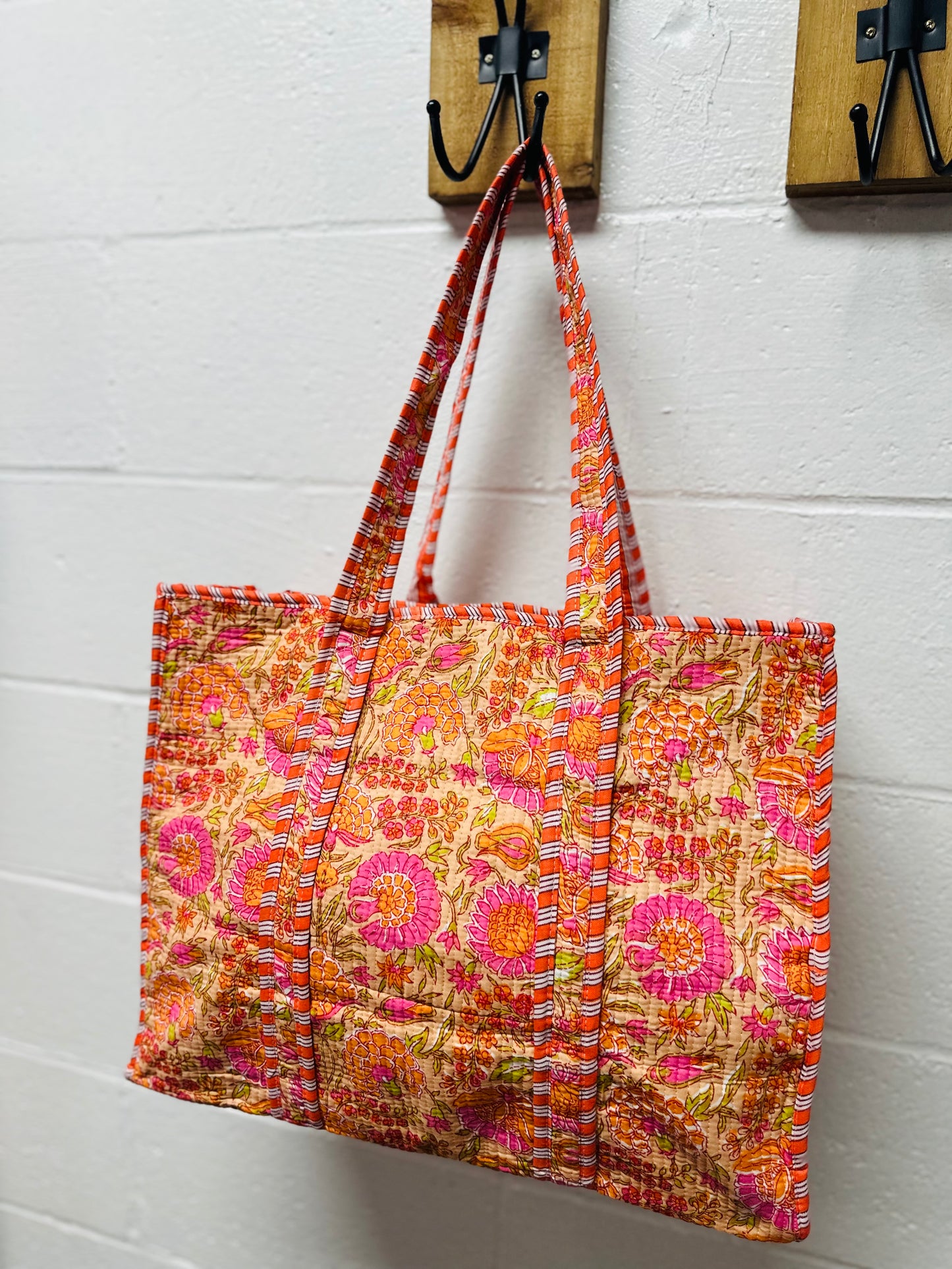 The Orange + Pink Floral Quilted Tote Bag