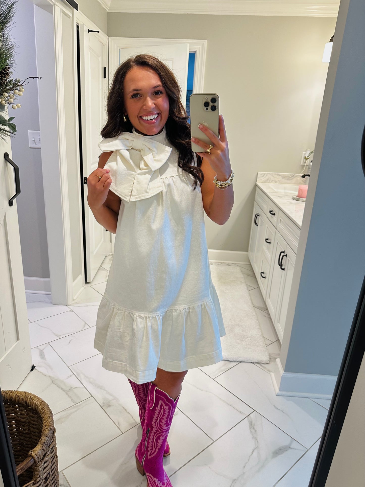 The Pearl Bow Denim Dress
