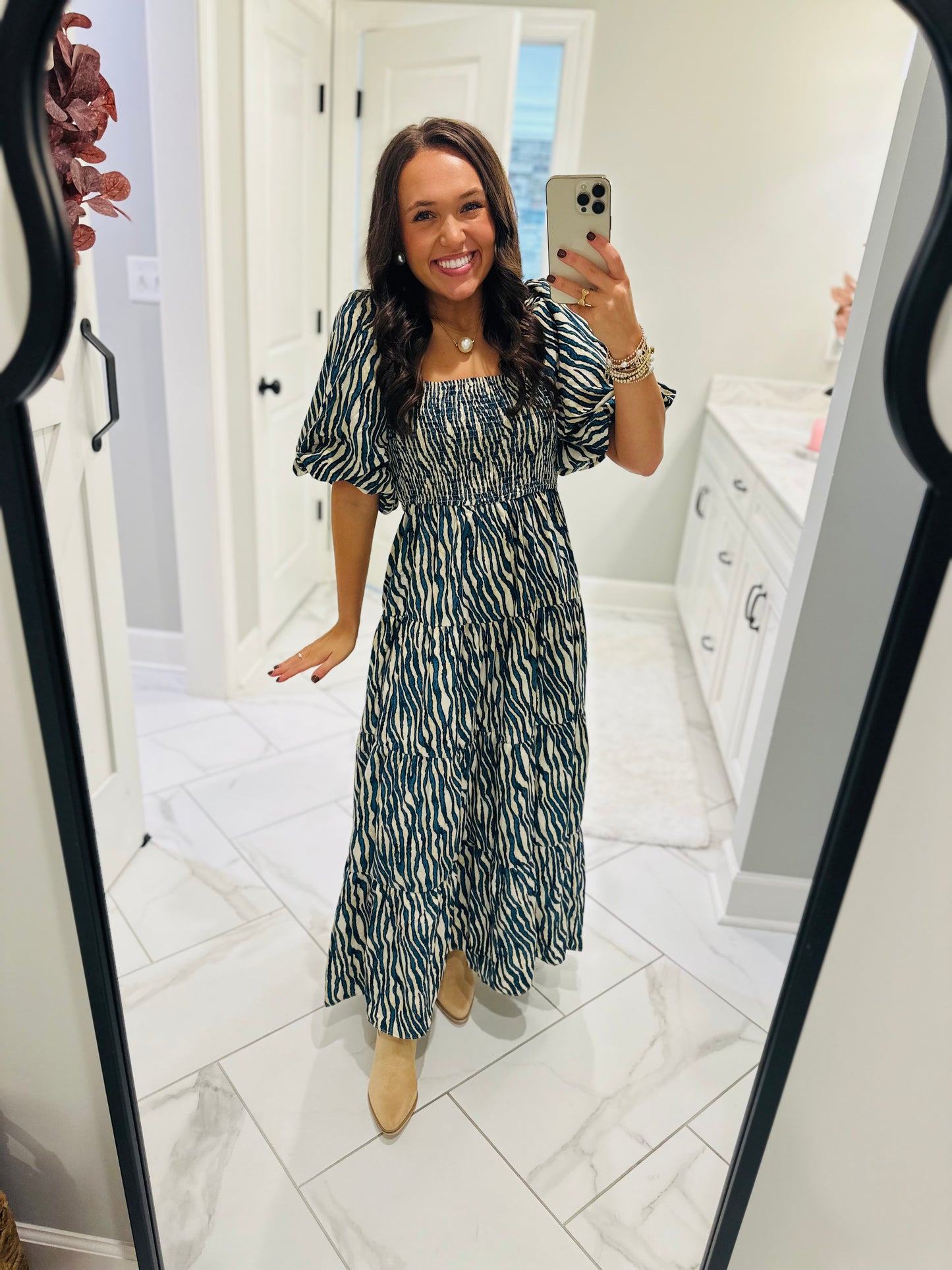 The Gracie Teal Smocked Midi Dress