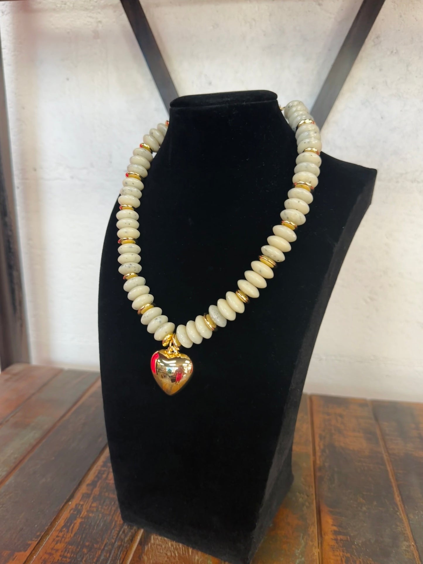 Beige + Gold Wide Bead Puffy Heart Necklace