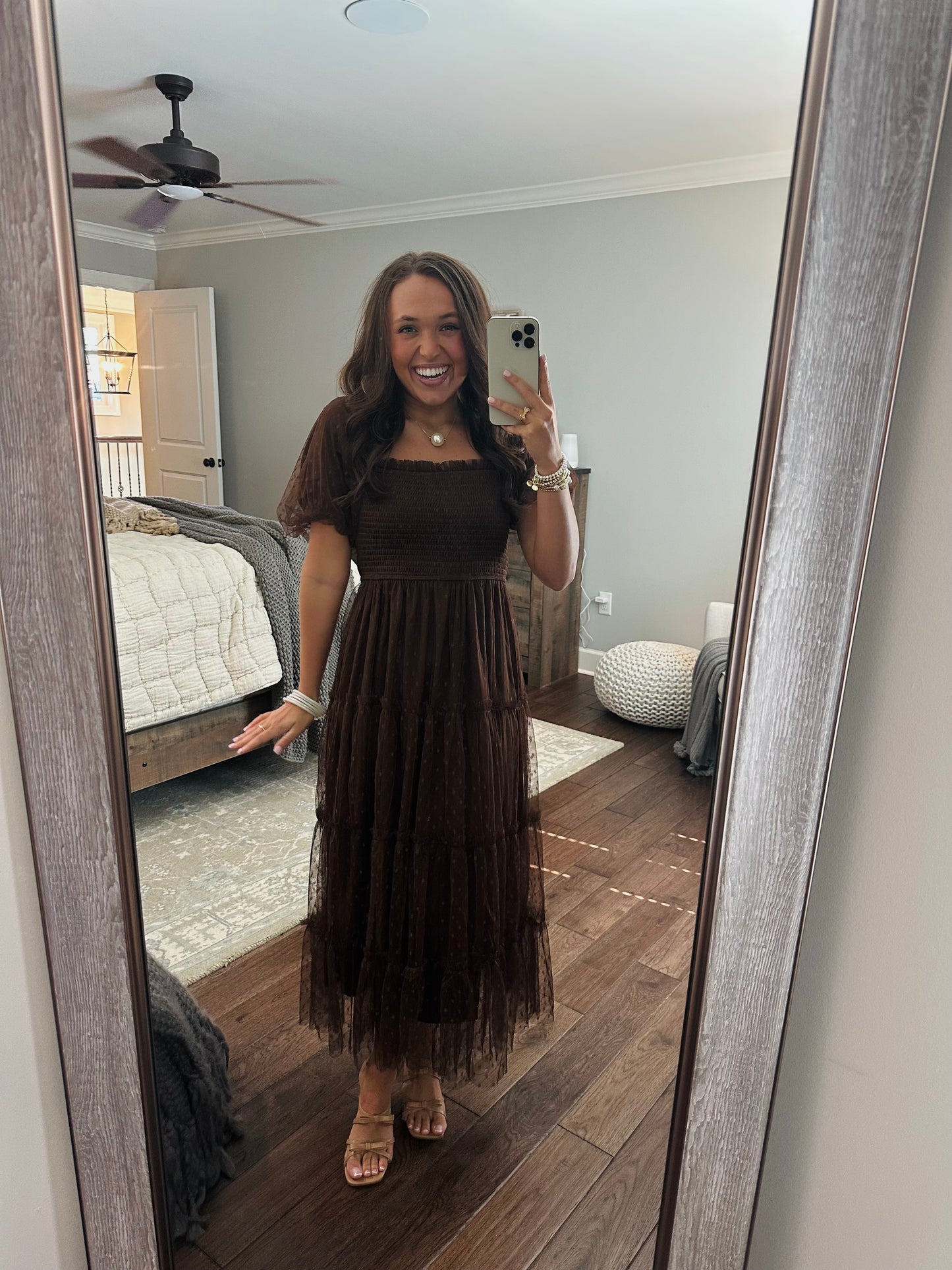 The Autumn Brown Polka Dot Chiffon Puff Sleeve Midi Dress