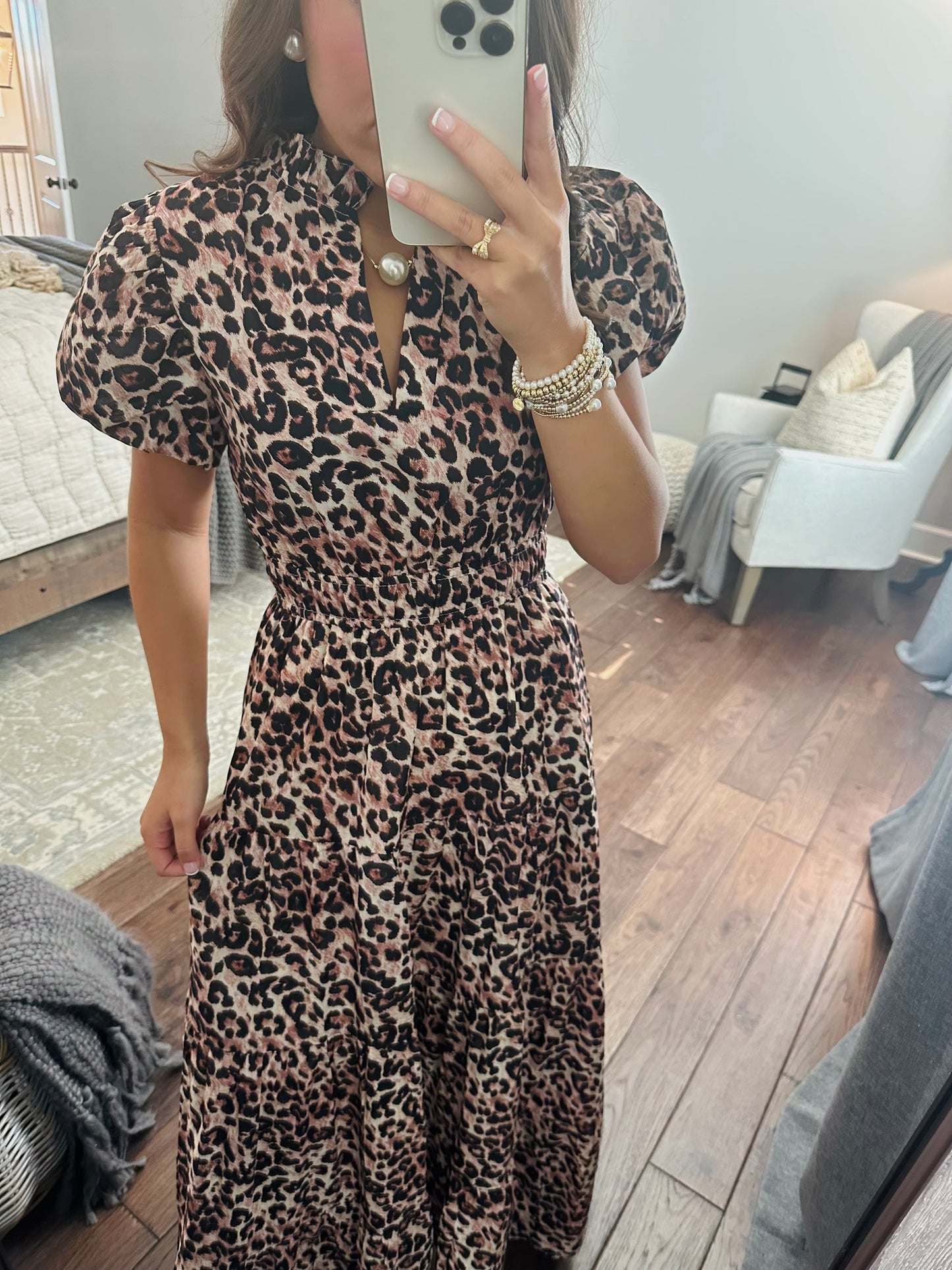 The Elizabeth Leopard Print Puff Sleeve Midi Dress