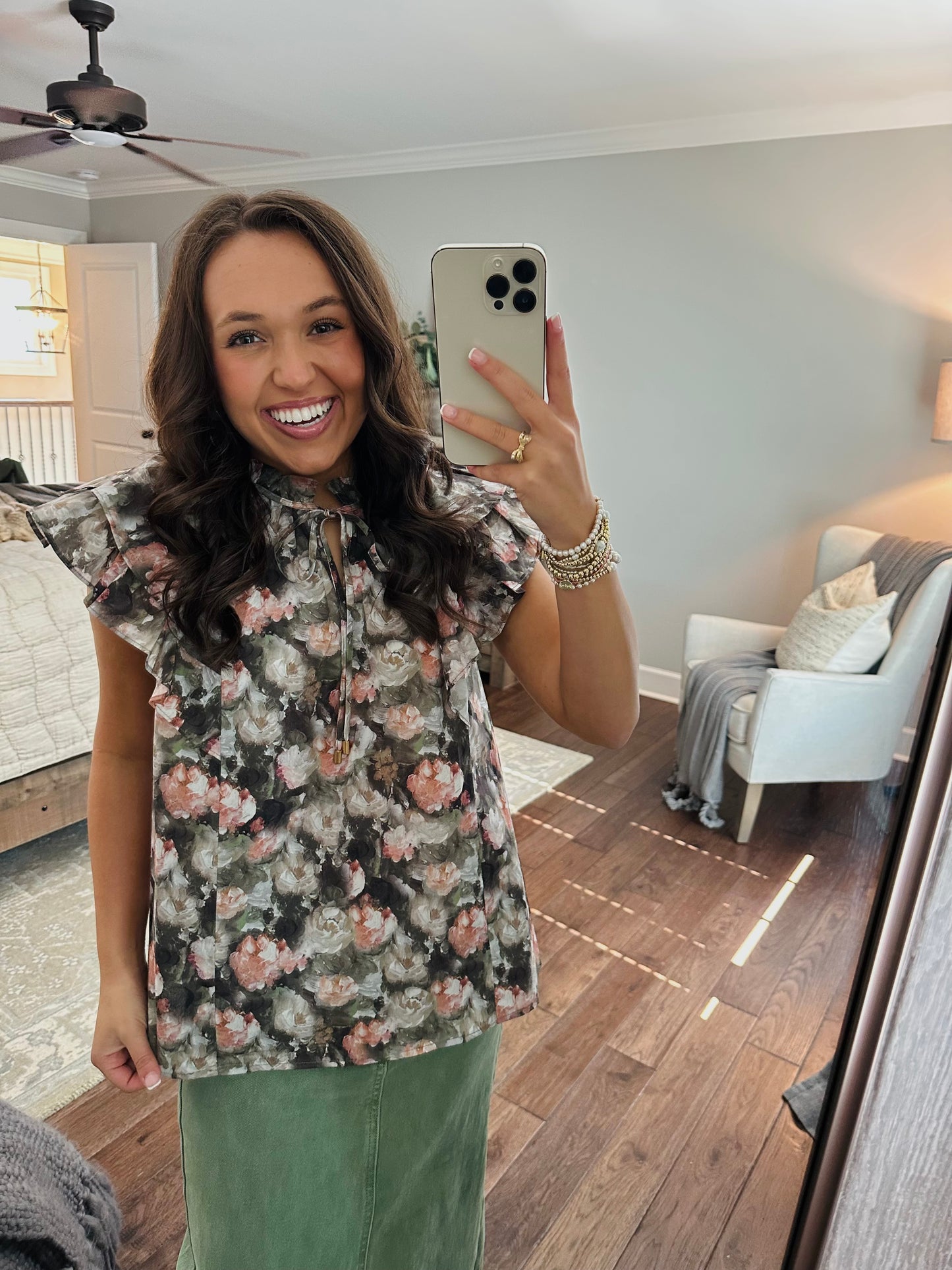 The Drew Olive Green Floral Top