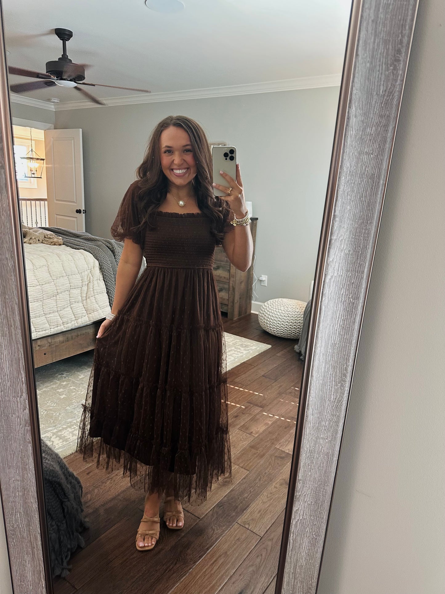 The Autumn Brown Polka Dot Chiffon Puff Sleeve Midi Dress