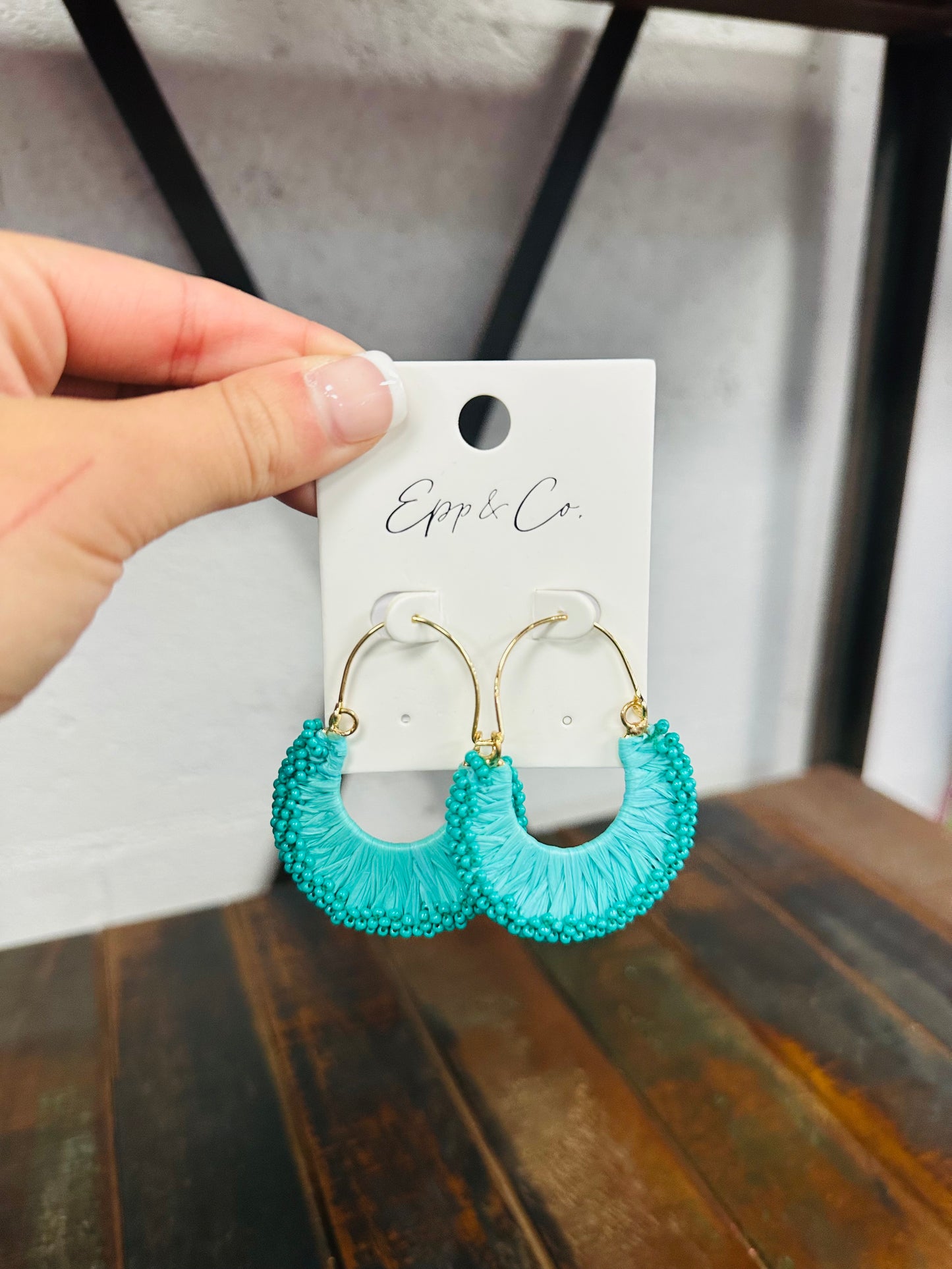 Teal Raffia & Bead Drop Earring