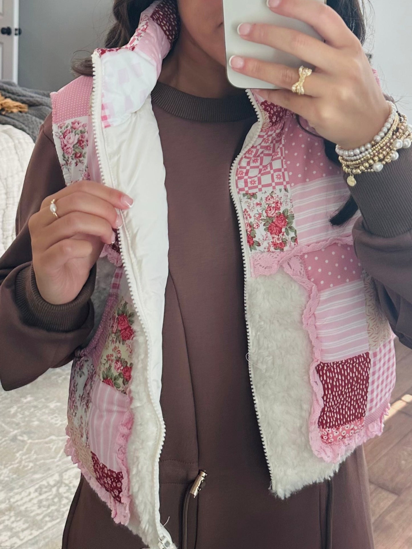 The Winnie Pink Patchwork Ruffle Sherpa Vest