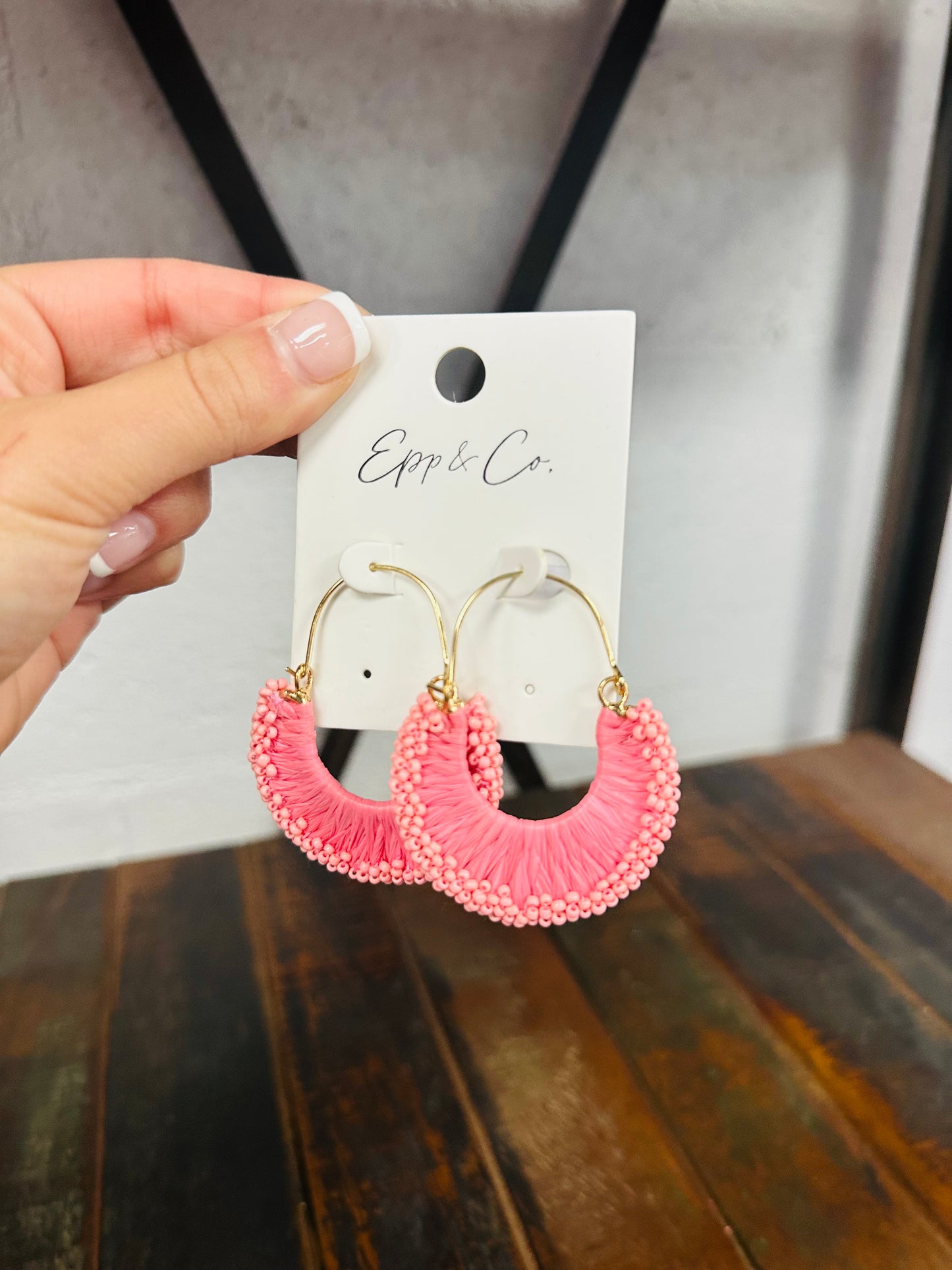 Pink Raffia & Bead Drop Earring