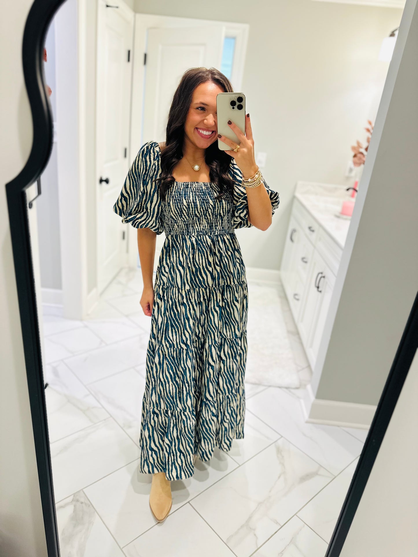 The Gracie Teal Smocked Midi Dress