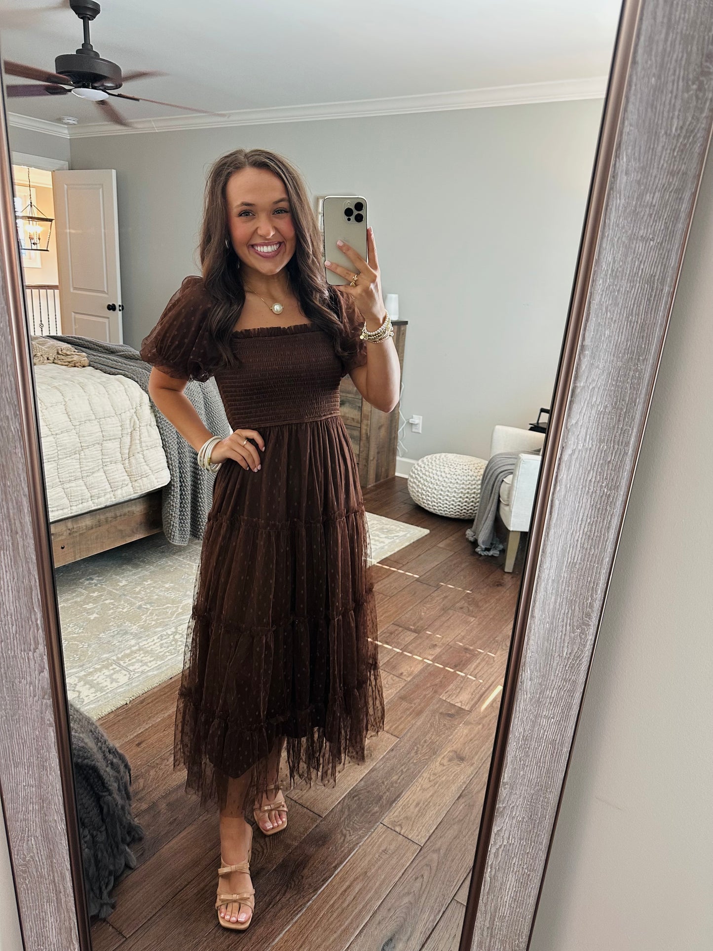 The Autumn Brown Polka Dot Chiffon Puff Sleeve Midi Dress