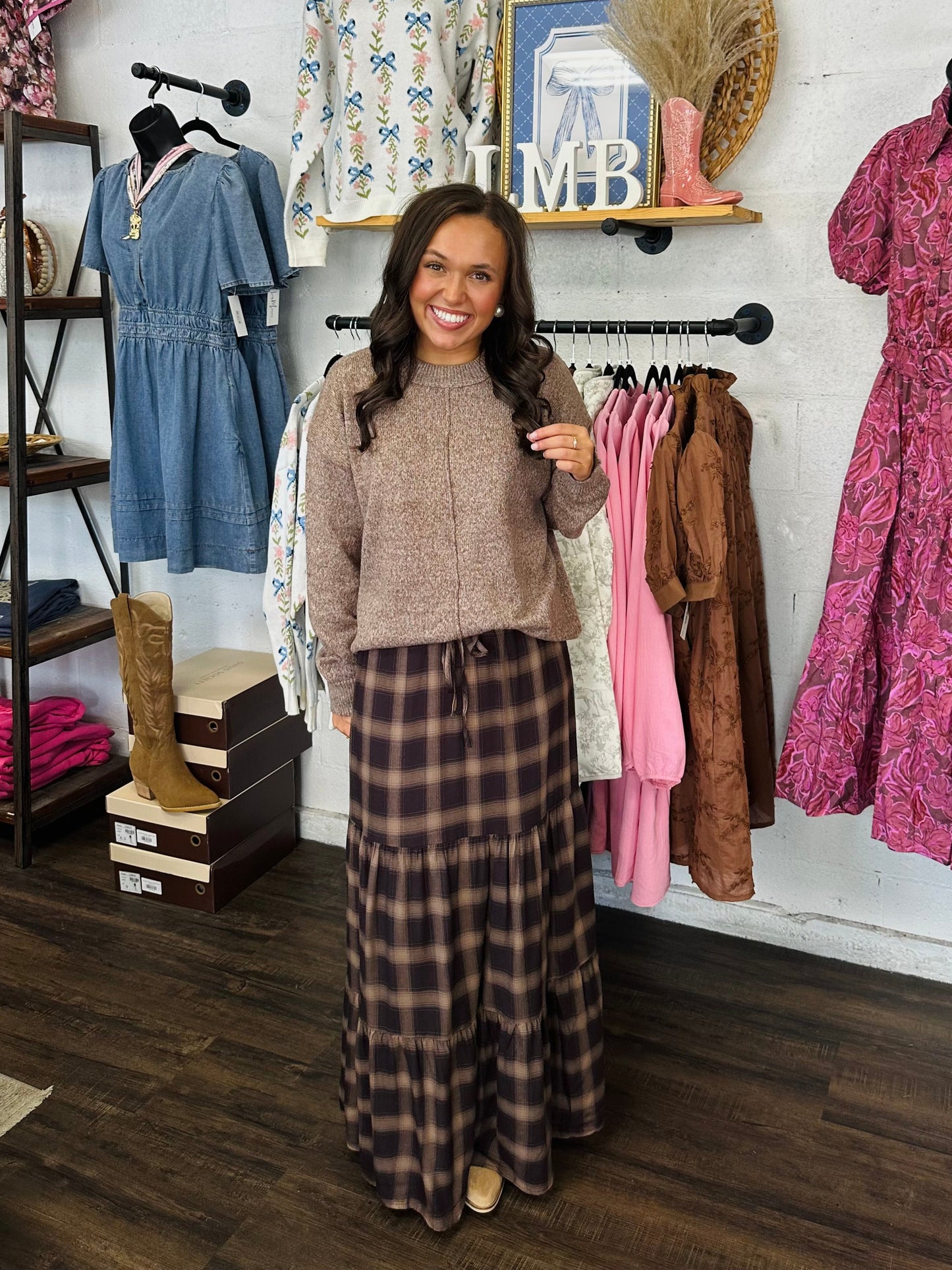 The Ember Brown Plaid Tiered Maxi Skirt