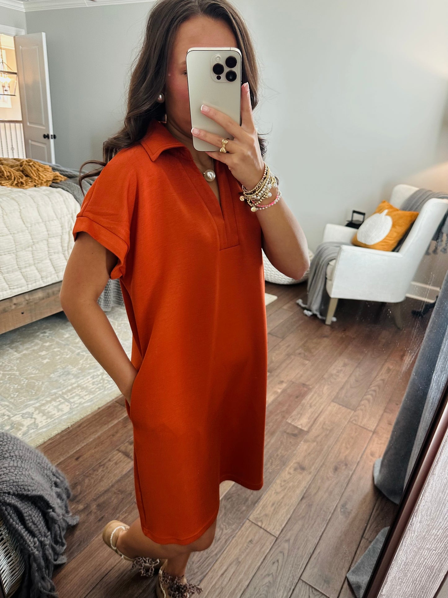The Briar Burnt Orange V-neck Shift Dress