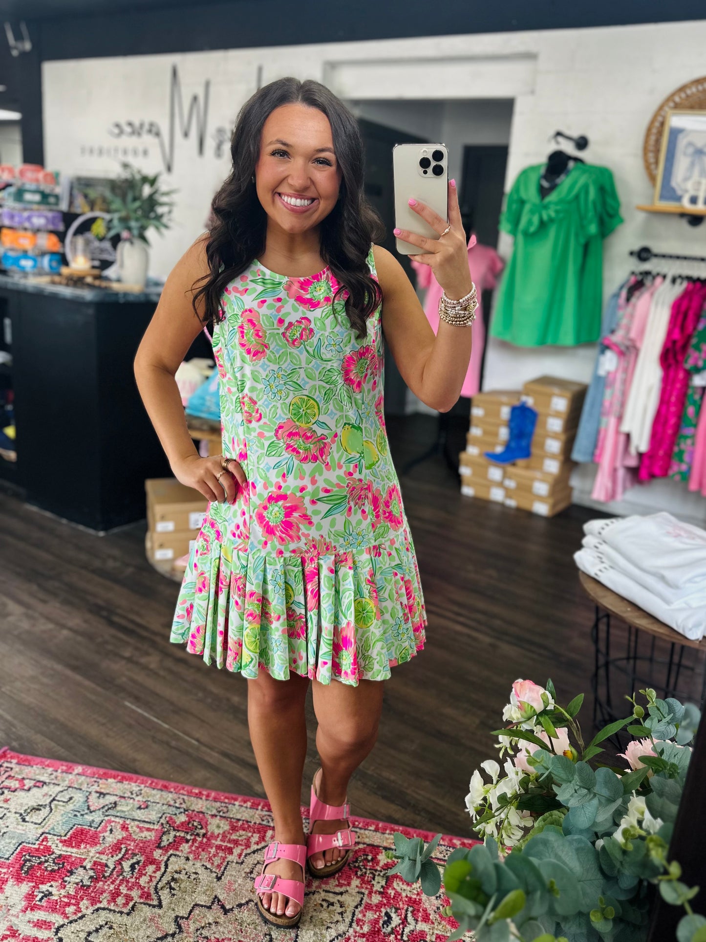 The Sunlee Pink Floral Pleated Dress