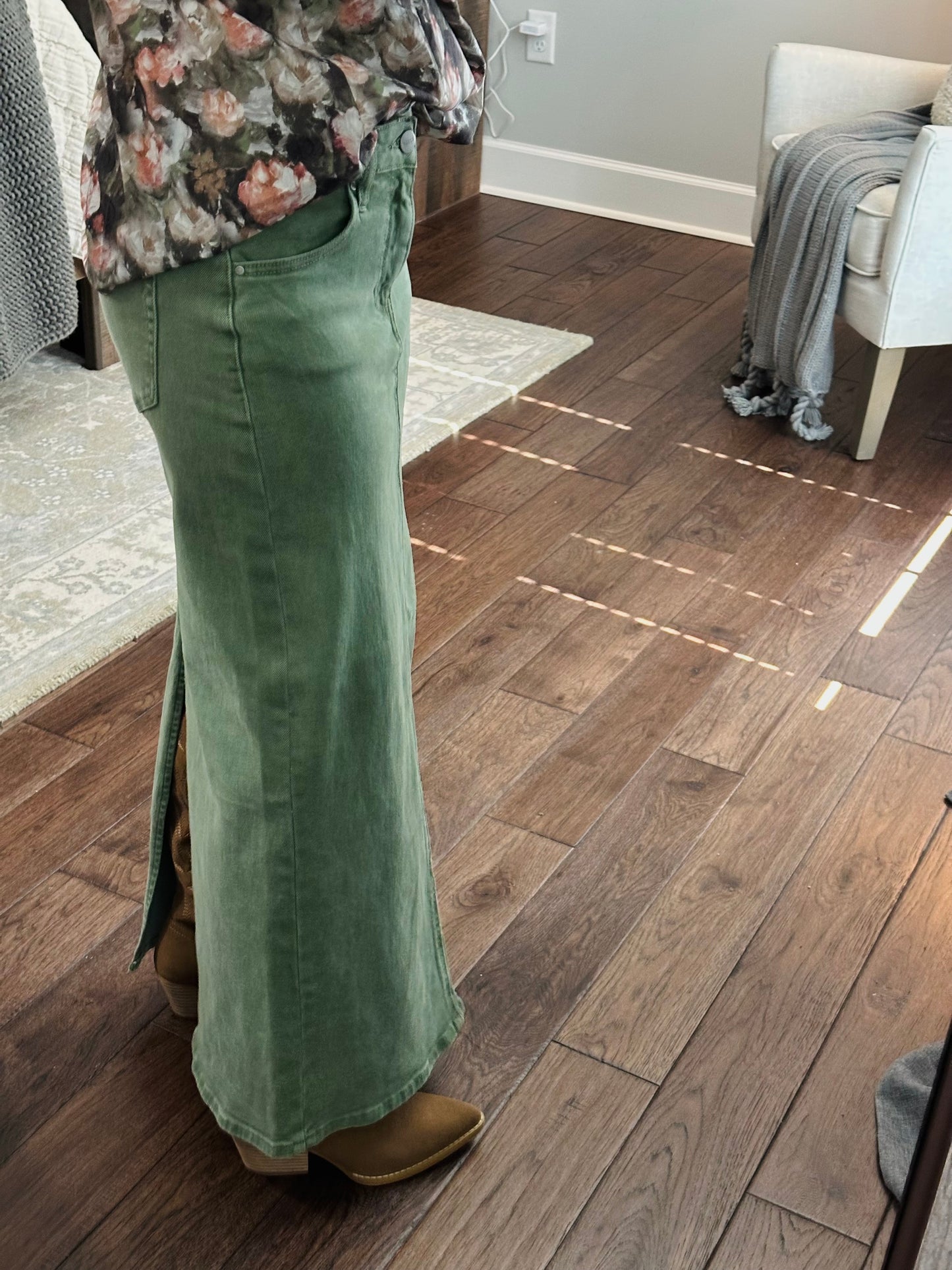 The Olive High Rise Back Slit Long Denim Skirt