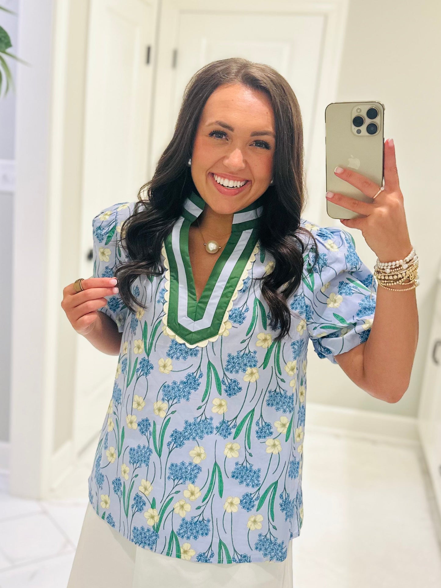 The Poppy Blue Floral Scallop Trim Top